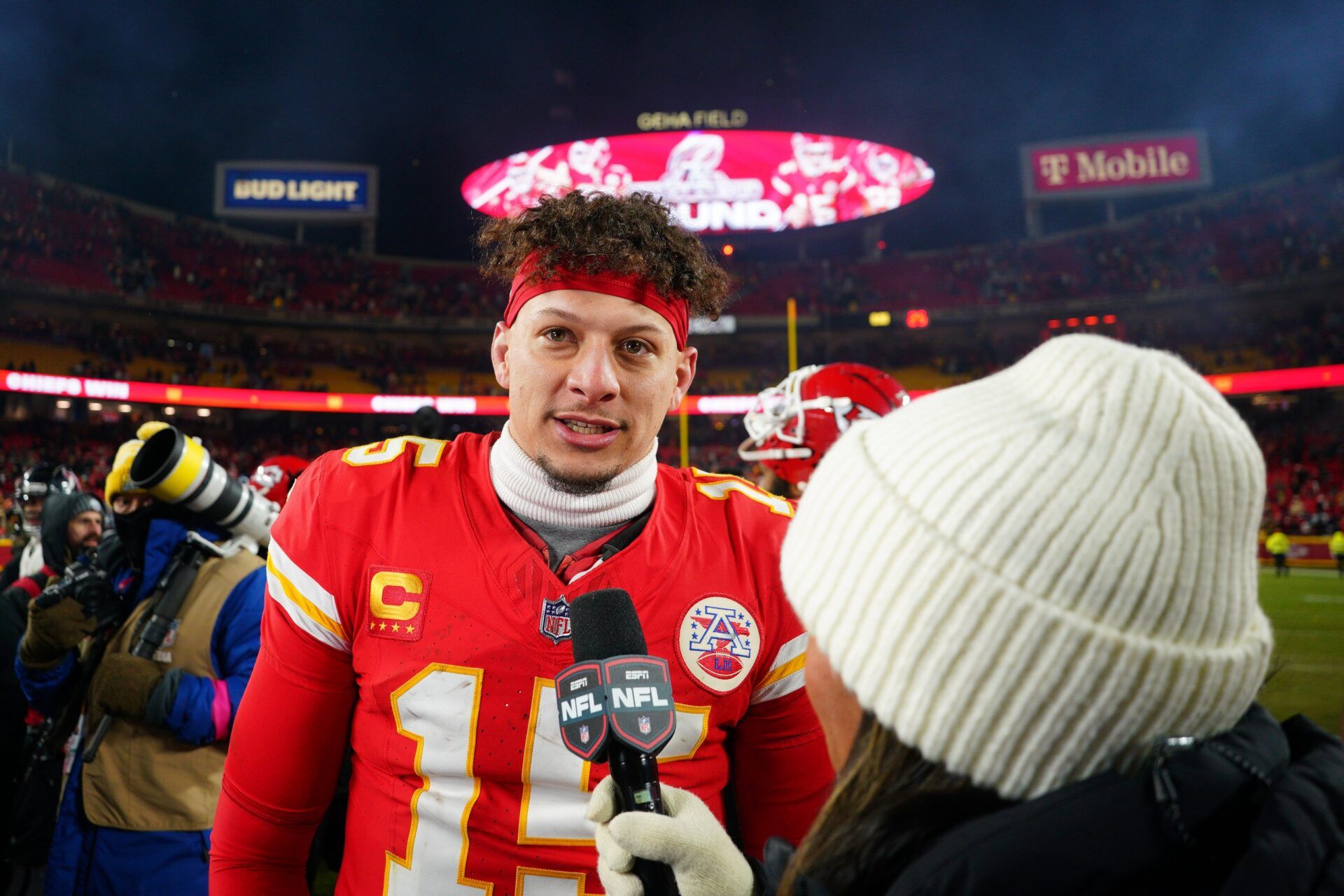 Kansas City Chiefs quarterback Patrick Mahomes (15) is interviewed after defeating the Houston Texans in a 2025 AFC divisional round game at GEHA Field at Arrowhead Stadium.