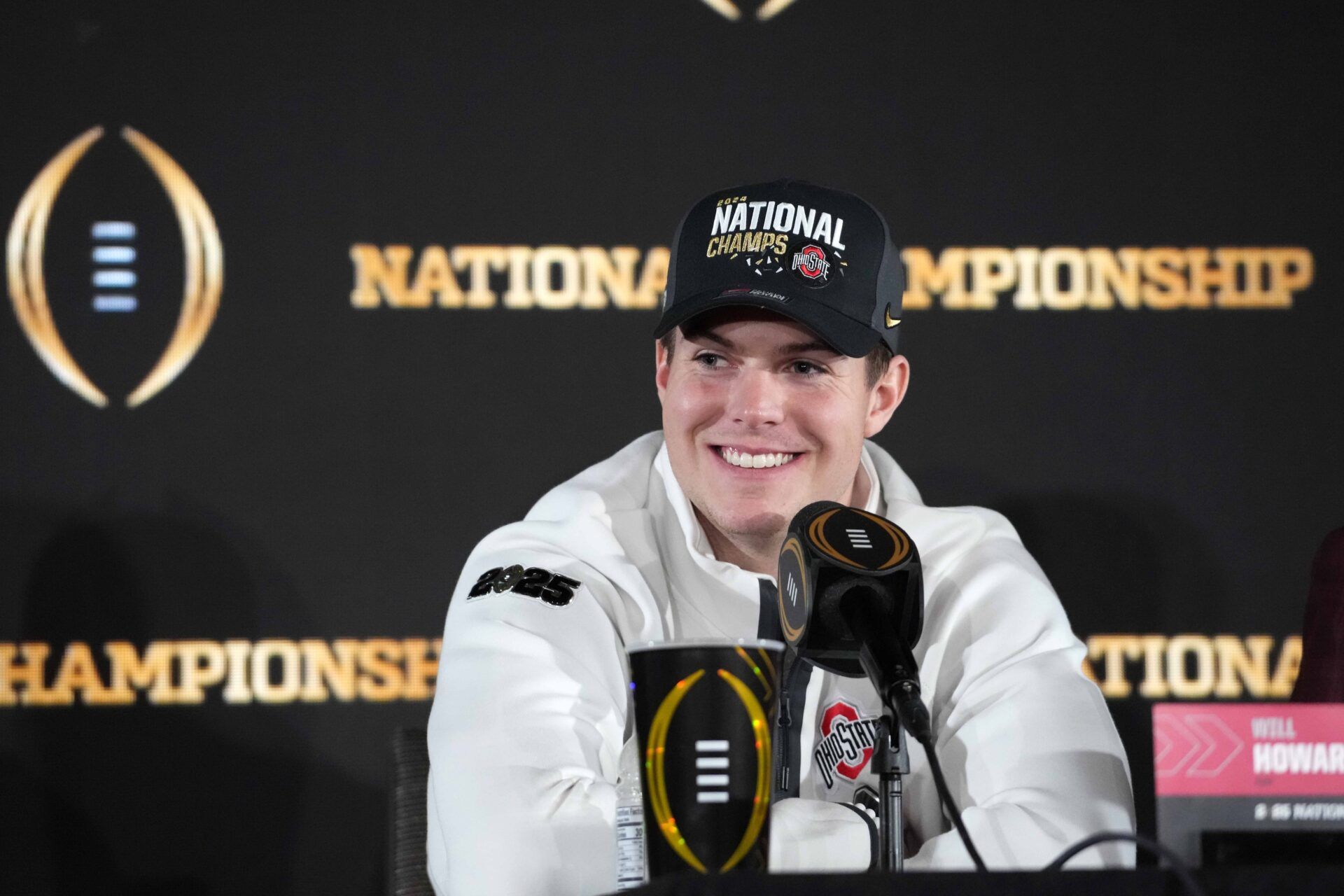 Ohio State Buckeyes quarterback Will Howard during CFP National Championship Champions press conference at The Westin Peachtree Plaza, Savannah Ballroom.