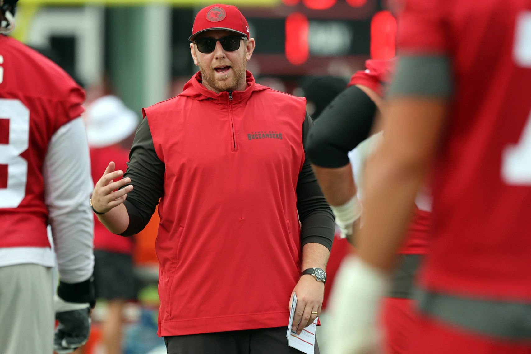 Tampa Bay Buccaneers offensive coordinator Liam Coen during training camp at AdventHealth Training Center.