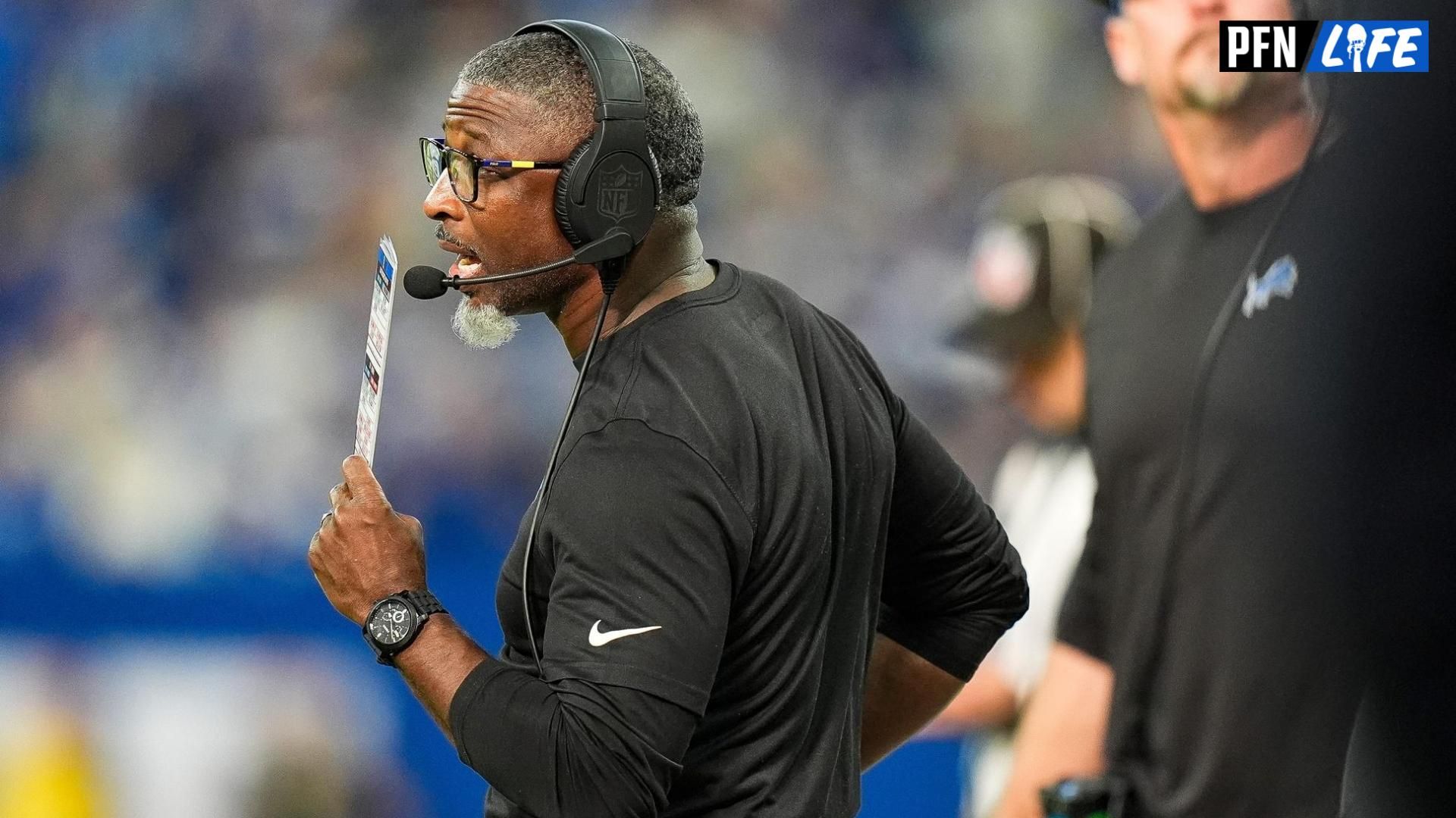 Detroit Lions defensive coordinator Aaron Glenn watches a play against Indianapolis Colts during the second half at Lucas Oil Stadium in Indianapolis, Ind. on Sunday, Nov. 24, 2024.