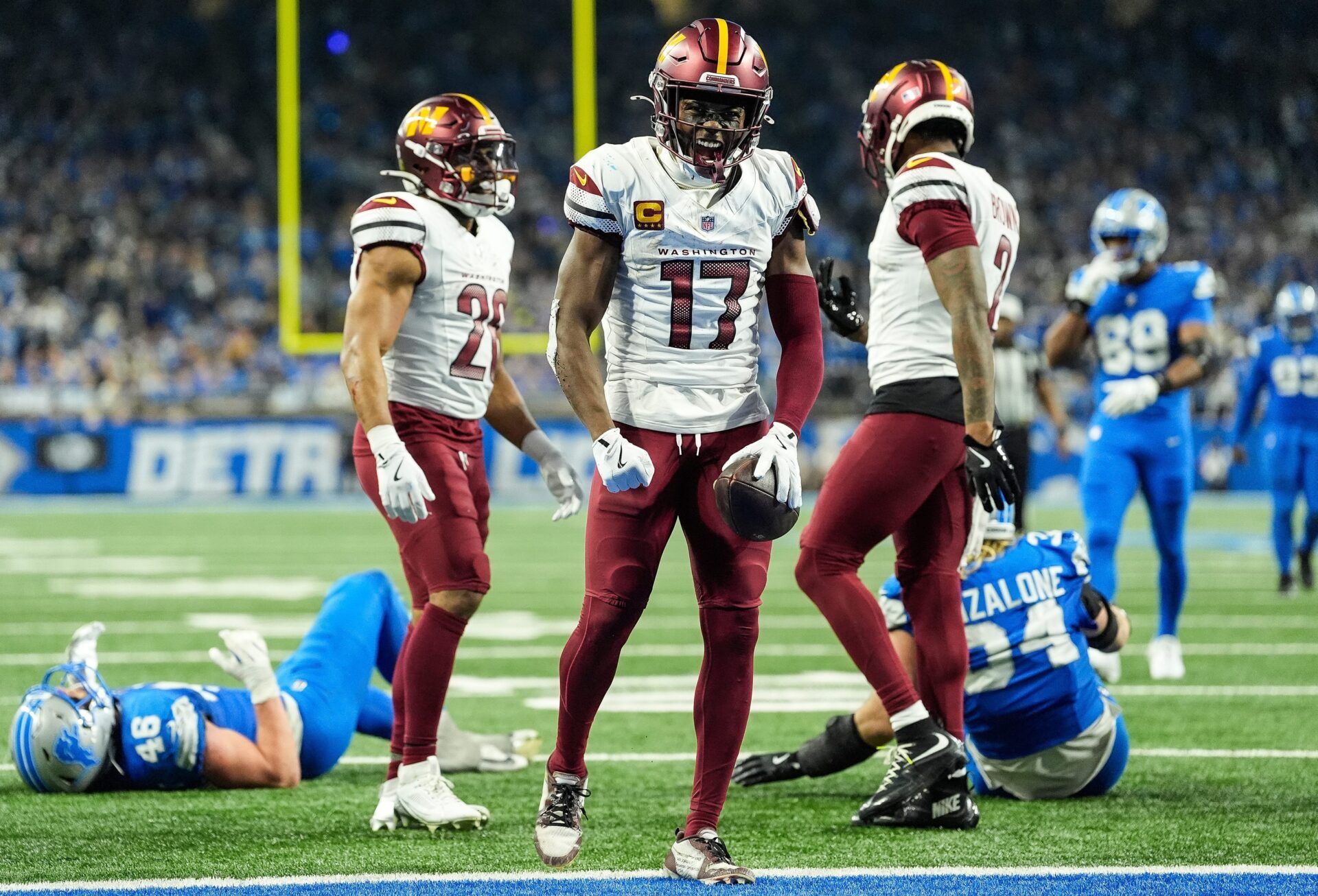 Washington Commanders wide receiver Terry McLaurin (17) celebrates a first down against Detroit Lions during the second half of the NFC divisional round at Ford Field in Detroit on Saturday, Jan. 18, 2025.