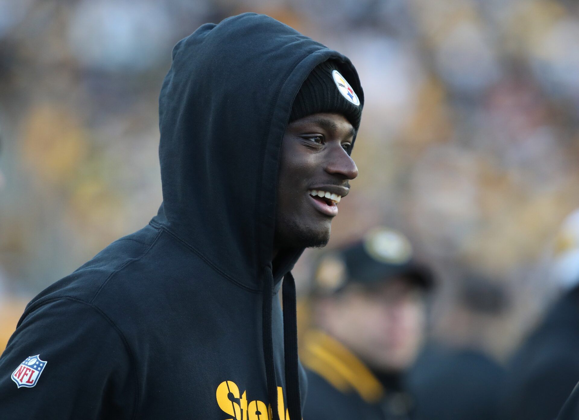 Pittsburgh Steelers wide receiver George Pickens (14) reacts on the sidelines against the Cleveland Browns during the third quarter at Acrisure Stadium.