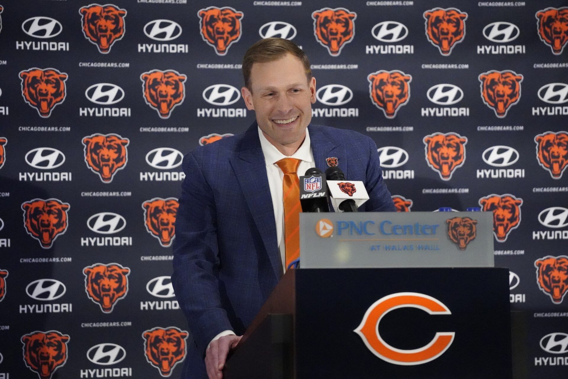 Chicago Bears head coach Ben Johnson answers questions during a introductory press conference at PNC Center.