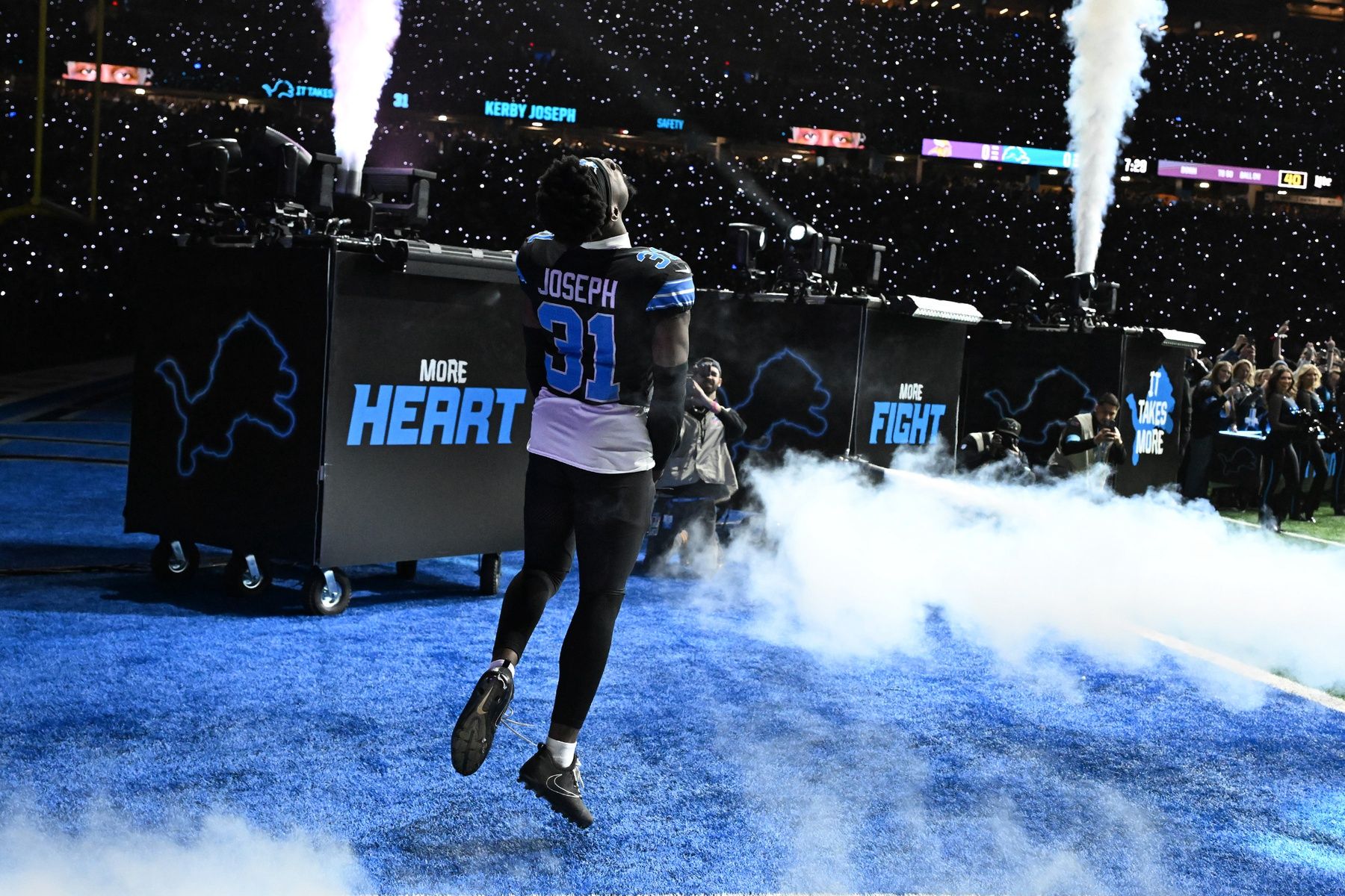 Detroit Lions safety Kerby Joseph (31) takes the field during payer introductions before their game against the Minnesota Vikings at Ford Field.