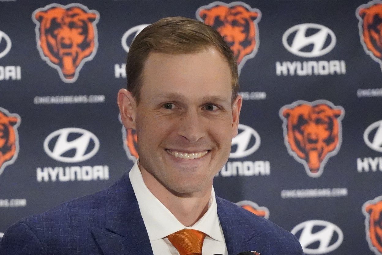 Chicago Bears head coach Ben Johnson answers questions during a introductory press conference at PNC Center.