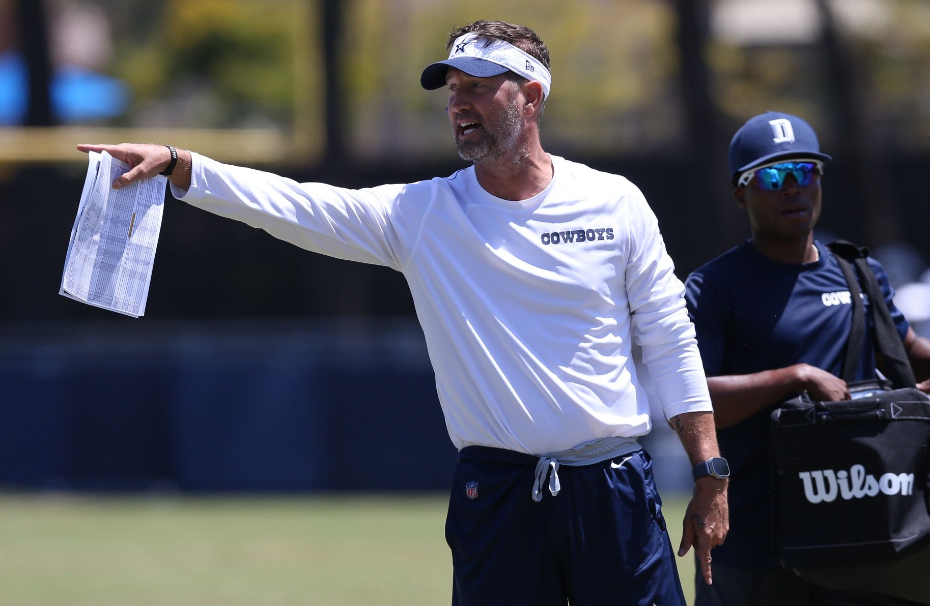 Dallas Cowboys offensive coordinator Brian Schottenheimer during training camp at the River Ridge Playing Fields in Oxnard, California.