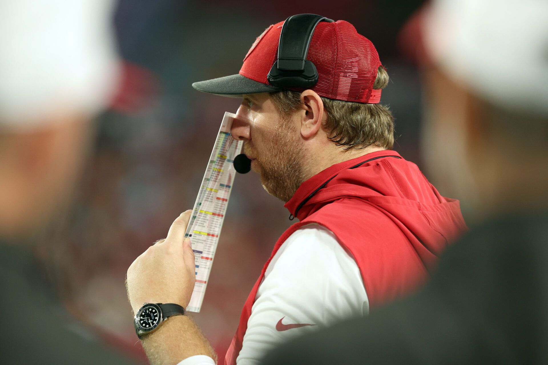 Aug 23, 2024; Tampa, Florida, USA; Tampa Bay Buccaneers offensive coordinator Liam Coen against the Miami Dolphins during the second quarter at Raymond James Stadium. Mandatory Credit: Kim Klement Neitzel-USA TODAY Sports