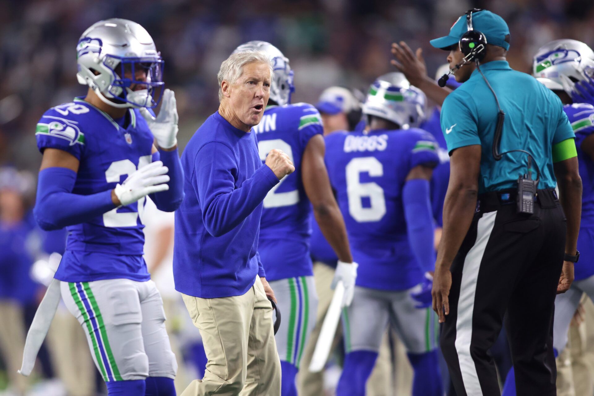 Seattle Seahawks head coach Pete Carroll reacts during the first half against the Dallas Cowboys at AT&T Stadium.