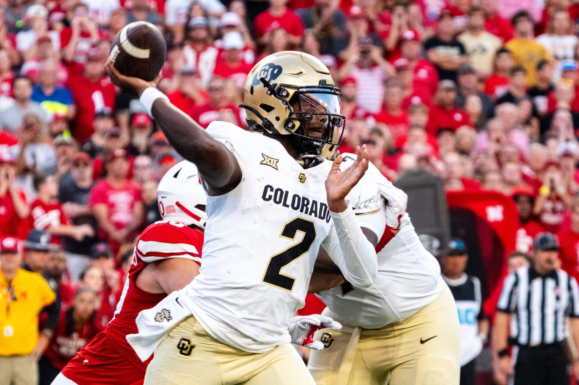 Colorado Buffaloes quarterback Shedeur Sanders (2) passes against the Nebraska Cornhuskers during the second quarter at Memorial Stadium.