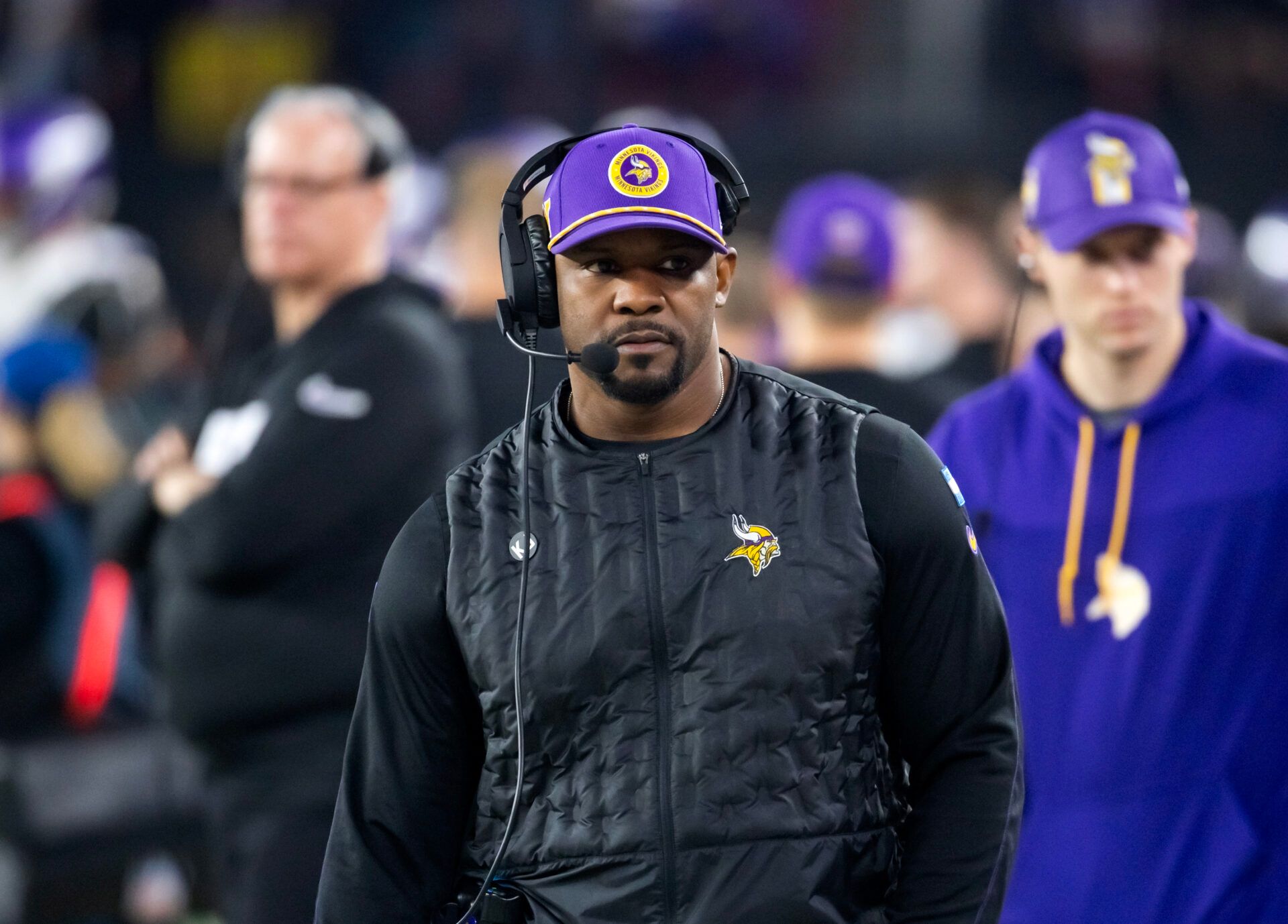 Jan 13, 2025; Glendale, AZ, USA; Minnesota Vikings defensive coordinator Brian Flores against the Los Angeles Rams during an NFC wild card game at State Farm Stadium. Mandatory Credit: Mark J. Rebilas-Imagn Images