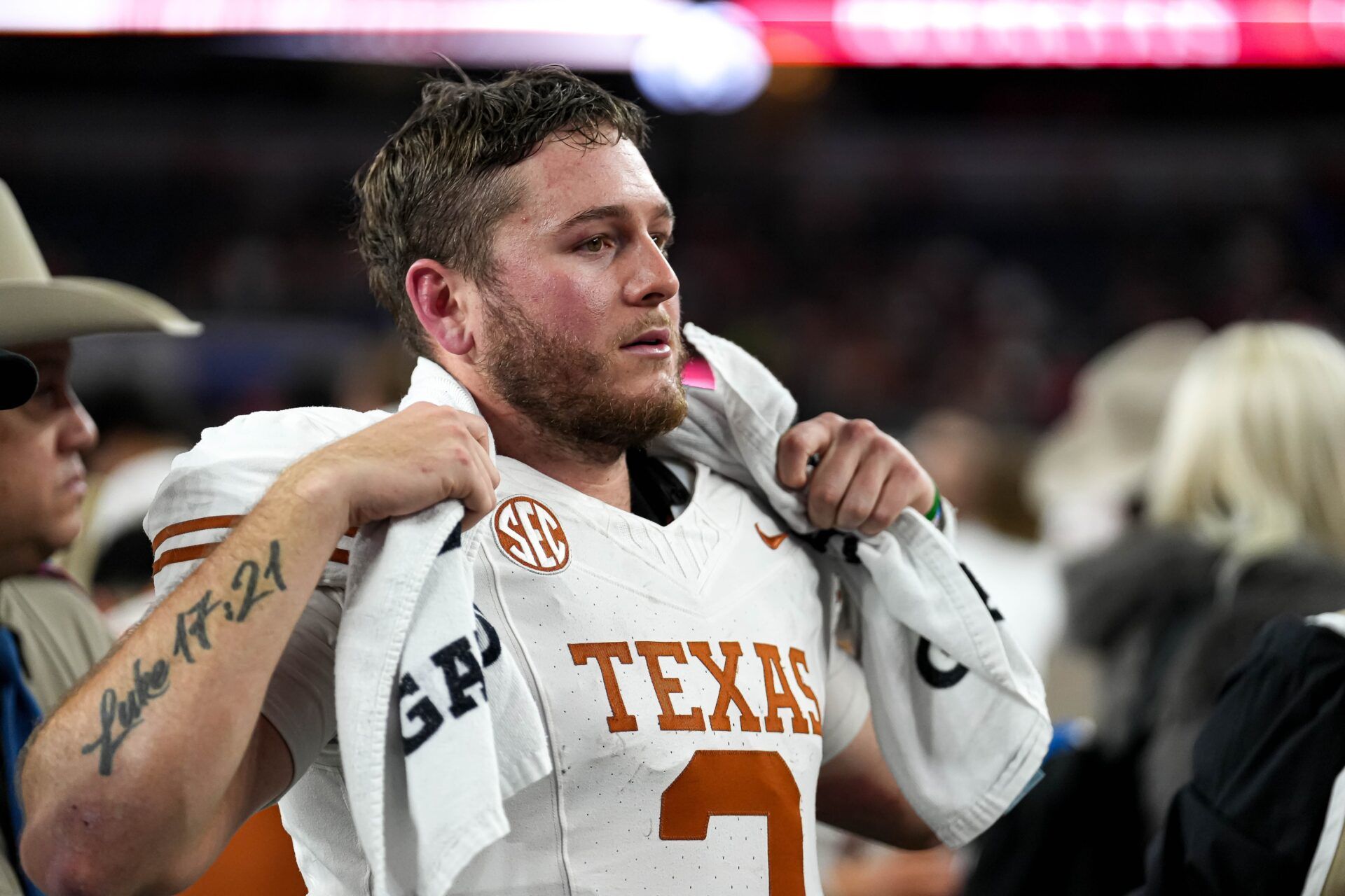 Texas Longhorns quarterback Quinn Ewers (3) looks into the crowd after the 28-14 loss to Ohio State in the College Football Playoff semifinal game in the Cotton Bowl at AT&T Stadium on Friday, Jan. 10, 2024 in Arlington, Texas.