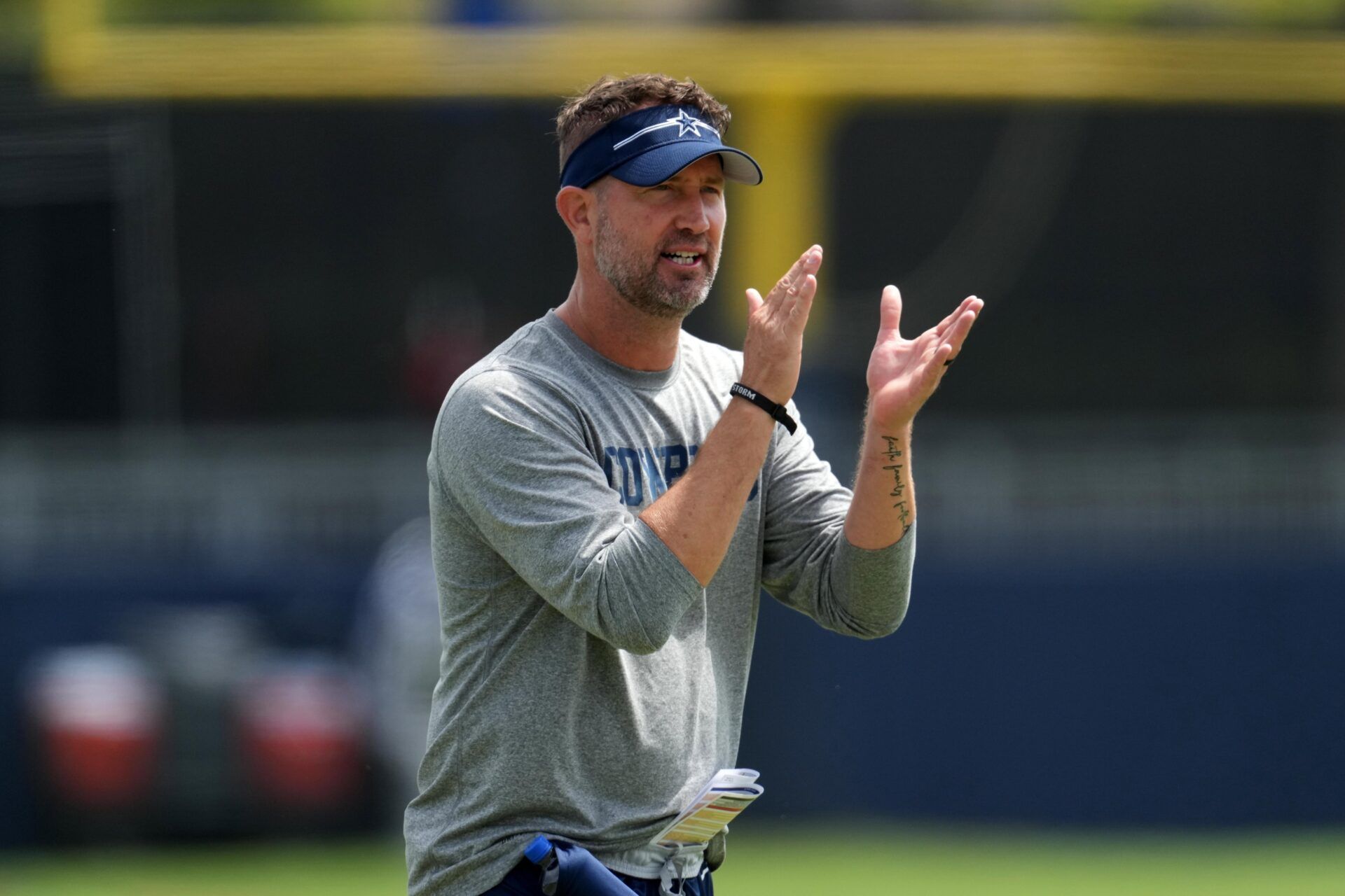 Jul 29, 2023; Oxnard, CA, USA; Dallas Cowboys offensive coordinator Brian Schottenheimer during training camp at the River Ridge Fields. Mandatory Credit: Kirby Lee-USA TODAY Sports