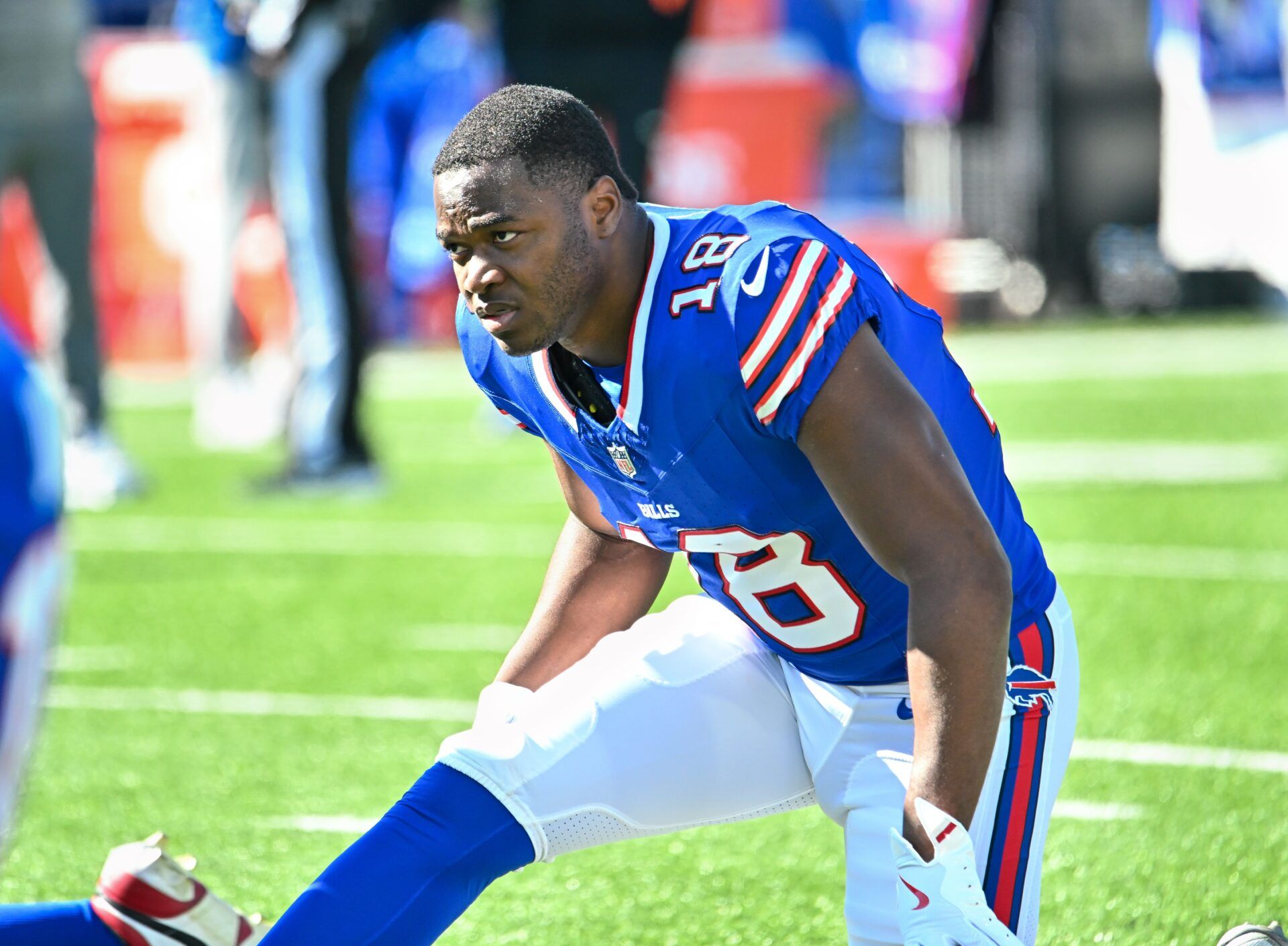 Buffalo Bills wide receiver Amari Cooper (18) warms up before a game against the Tennessee Titans at Highmark Stadium.