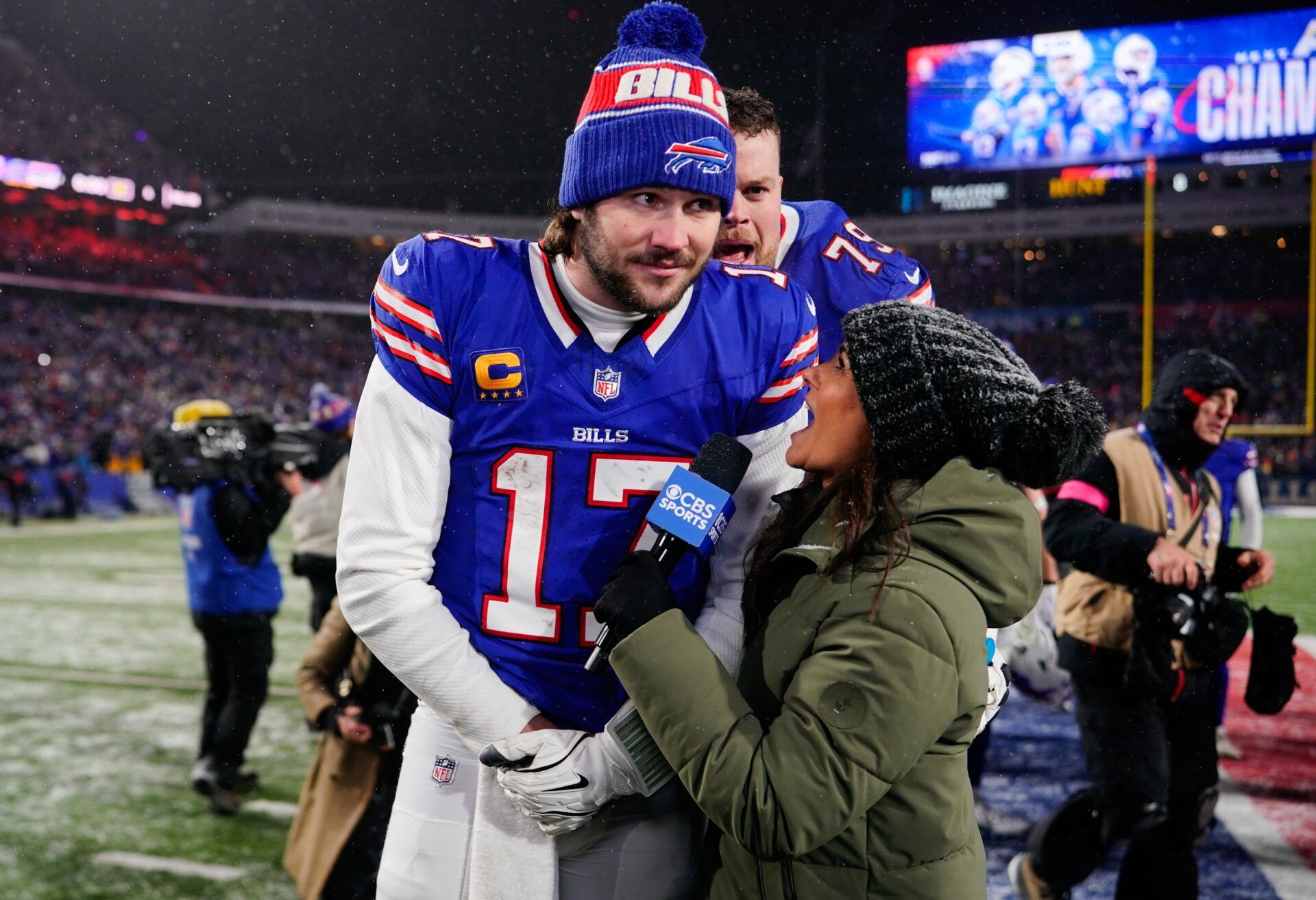 Buffalo Bills quarterback Josh Allen (17) during a post-game interview after the game against the Baltimore Ravens in a 2025 AFC divisional round game at Highmark Stadium.