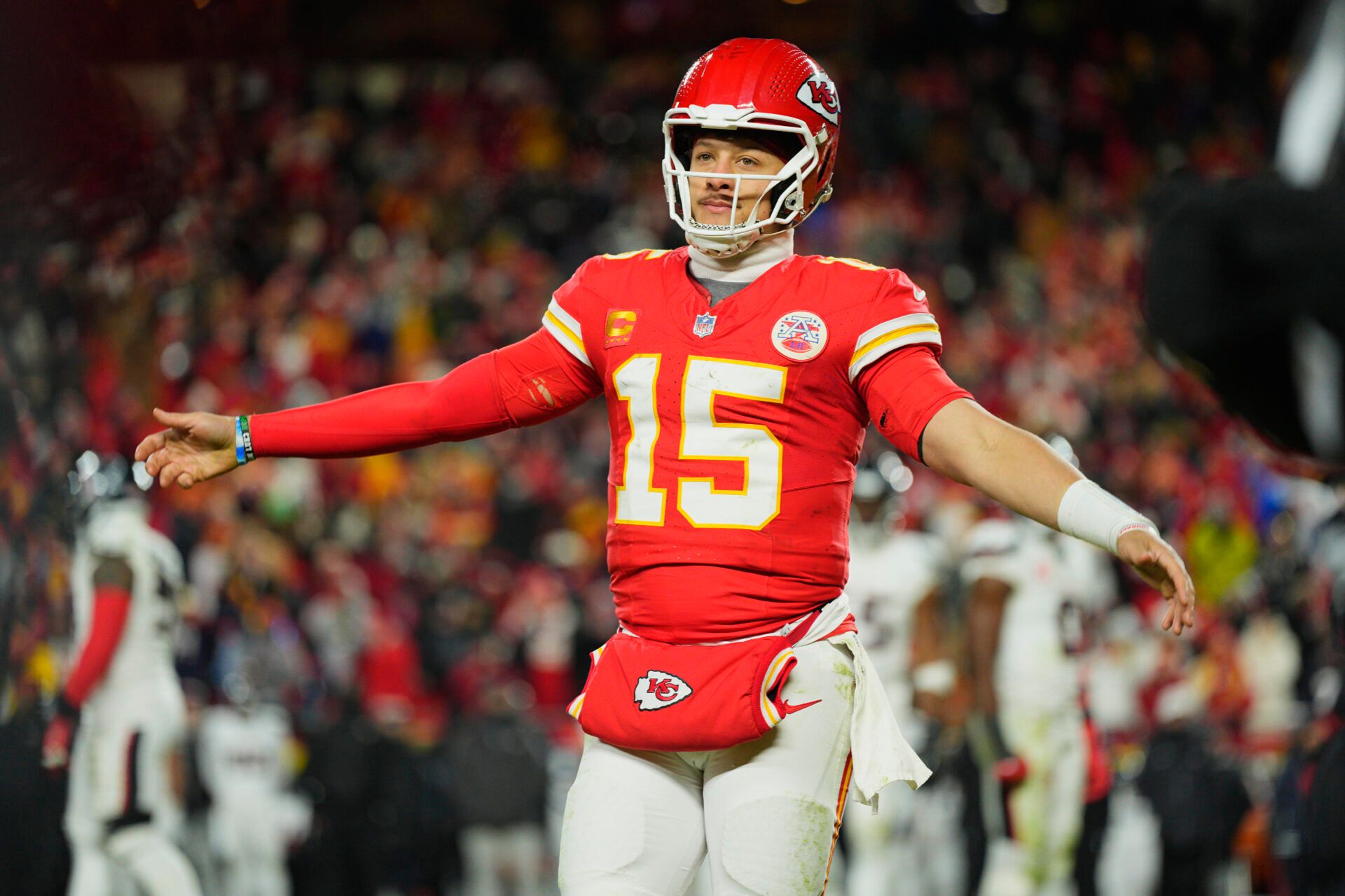 Jan 18, 2025; Kansas City, Missouri, USA; Kansas City Chiefs quarterback Patrick Mahomes (15) reacts during the fourth quarter of a 2025 AFC divisional round game against the Houston Texans at GEHA Field at Arrowhead Stadium. Mandatory Credit: Jay Biggerstaff-Imagn Images