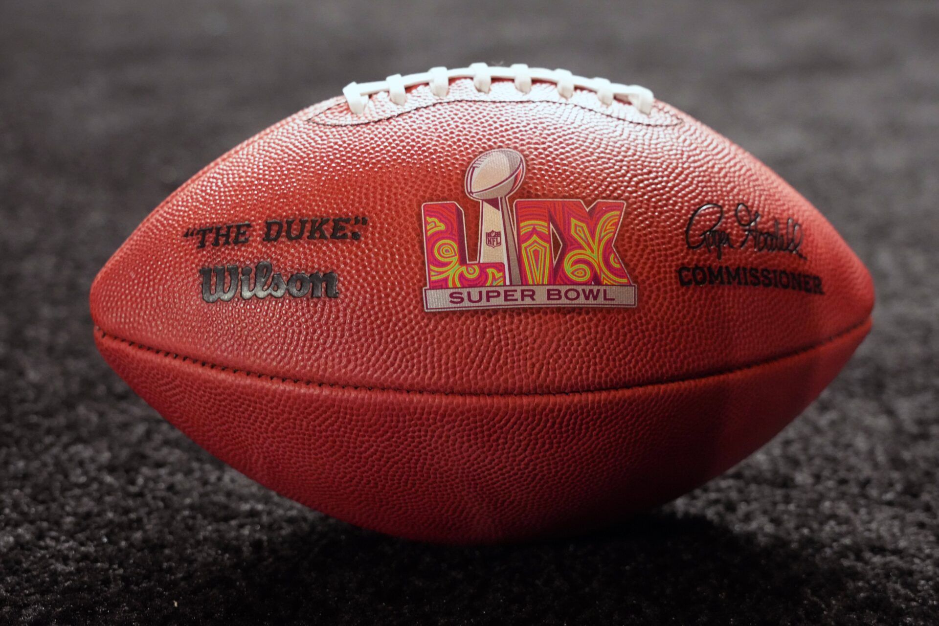 A Wilson official Duke football with Super Bowl 59 LIX logo at the Super Bowl Host Committee Handoff press conference at the Super Bowl LVIII media center at the Mandalay Bay North Convention Center.