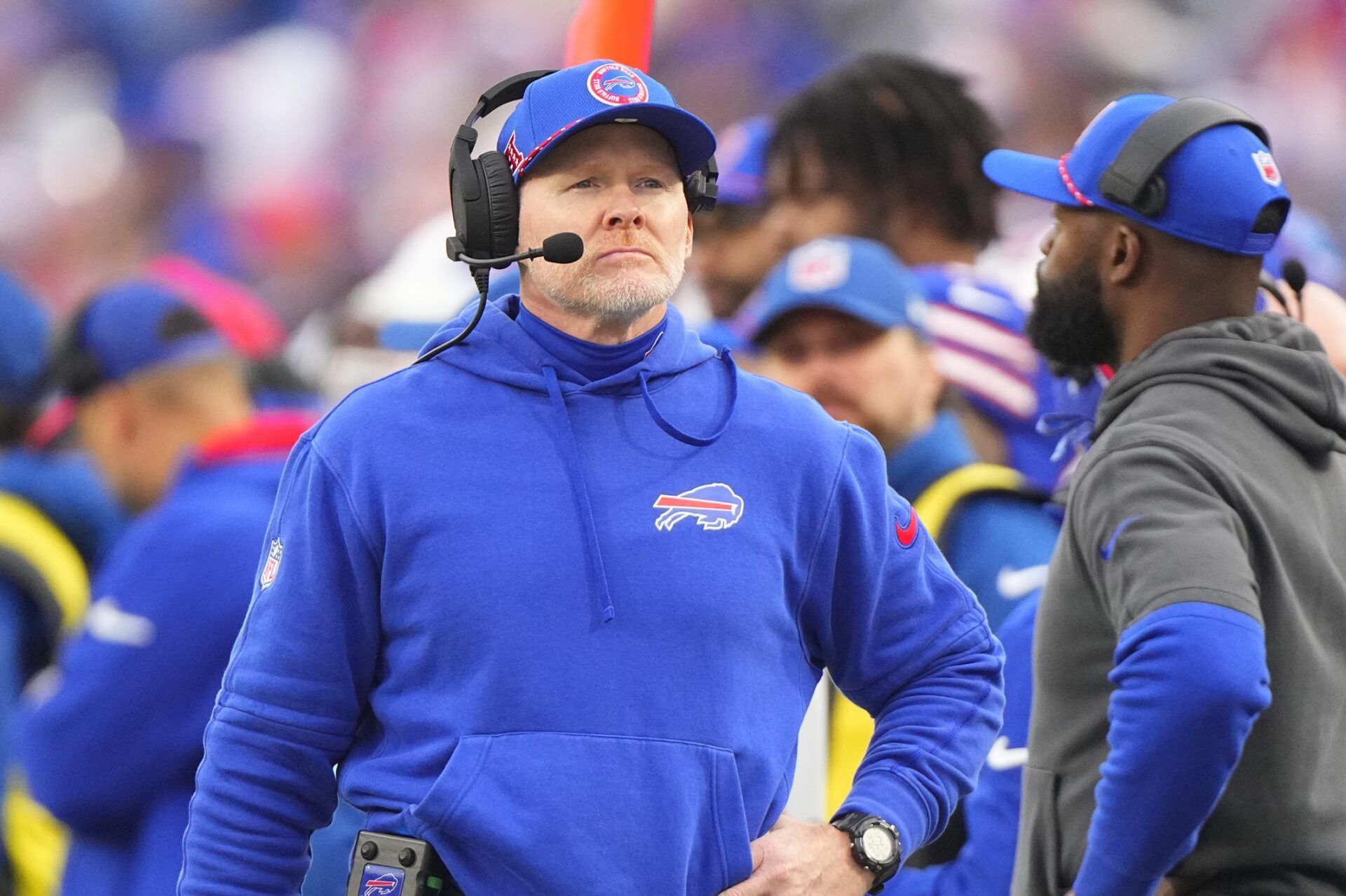 Buffalo Bills head coach Sean McDermott looks at the scoreboard during the second half against the New York Jets at Highmark Stadium.