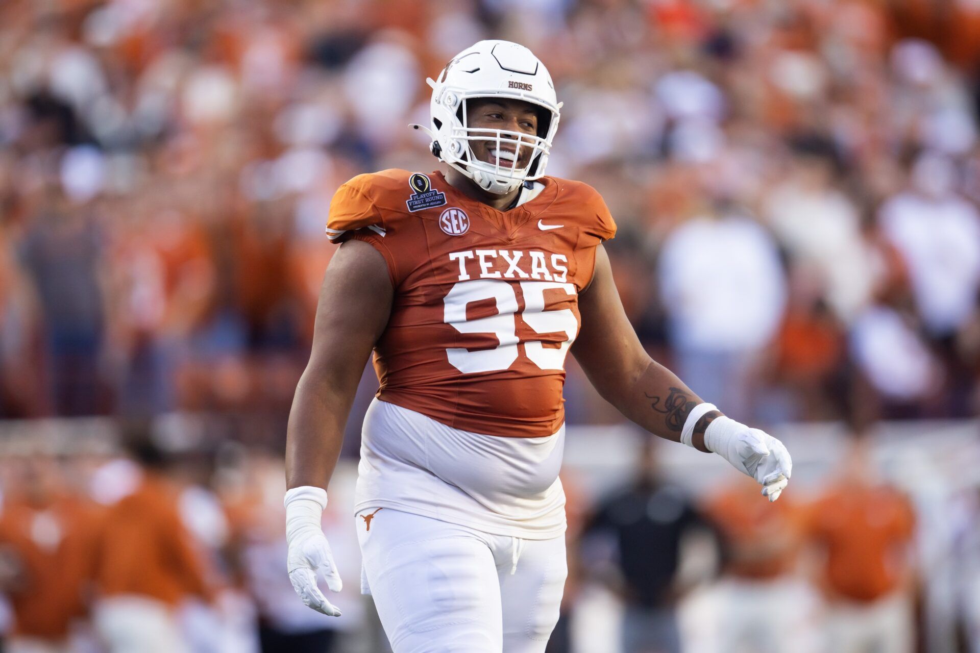 Texas Longhorns defensive lineman Alfred Collins (95) against the Clemson Tigers during the CFP National playoff first round at Darrell K Royal-Texas Memorial Stadium.