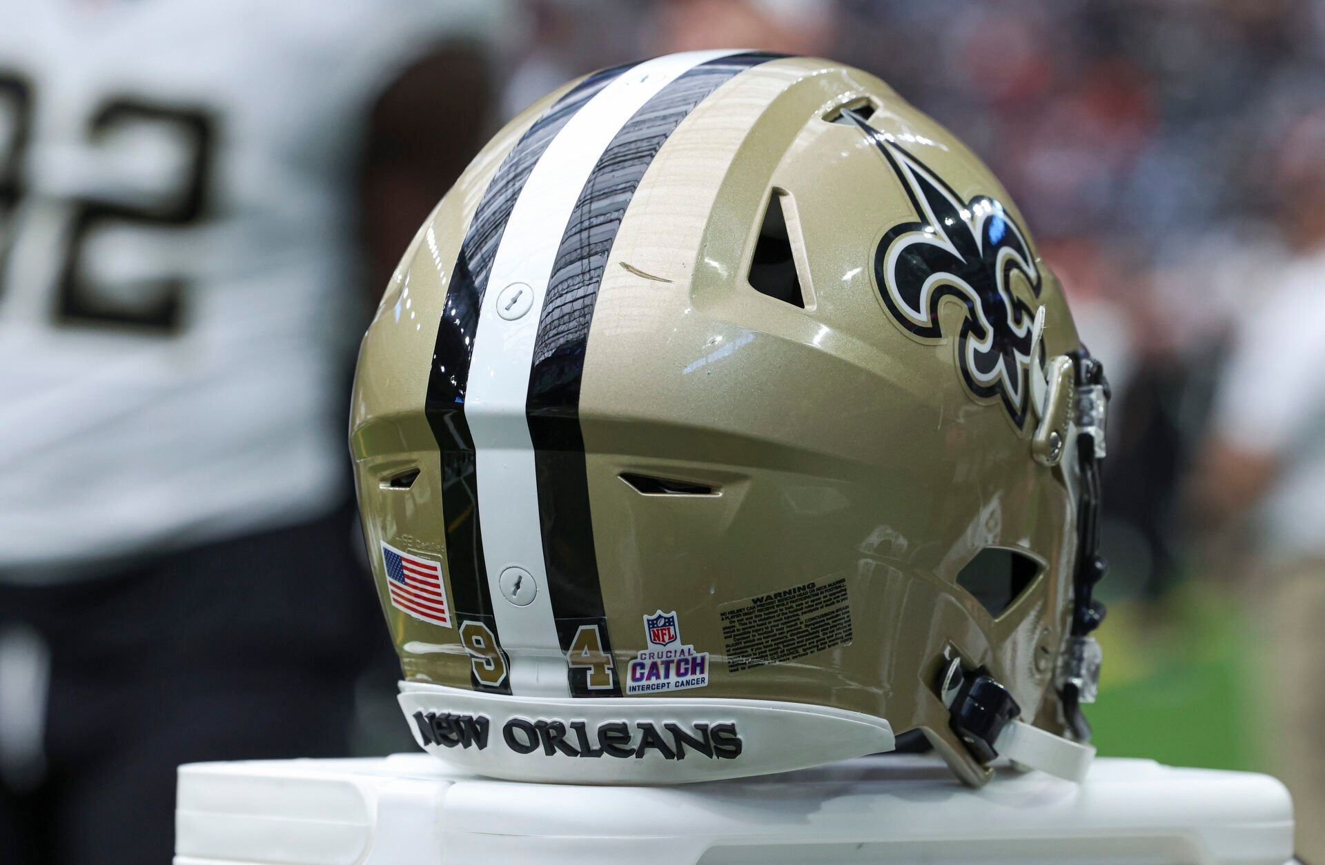 Oct 15, 2023; Houston, Texas, USA; View of a Crucial Catch logo on the helmet of New Orleans Saints defensive end Cameron Jordan (94) before the game against the Houston Texans at NRG Stadium. Mandatory Credit: Troy Taormina-USA TODAY Sports