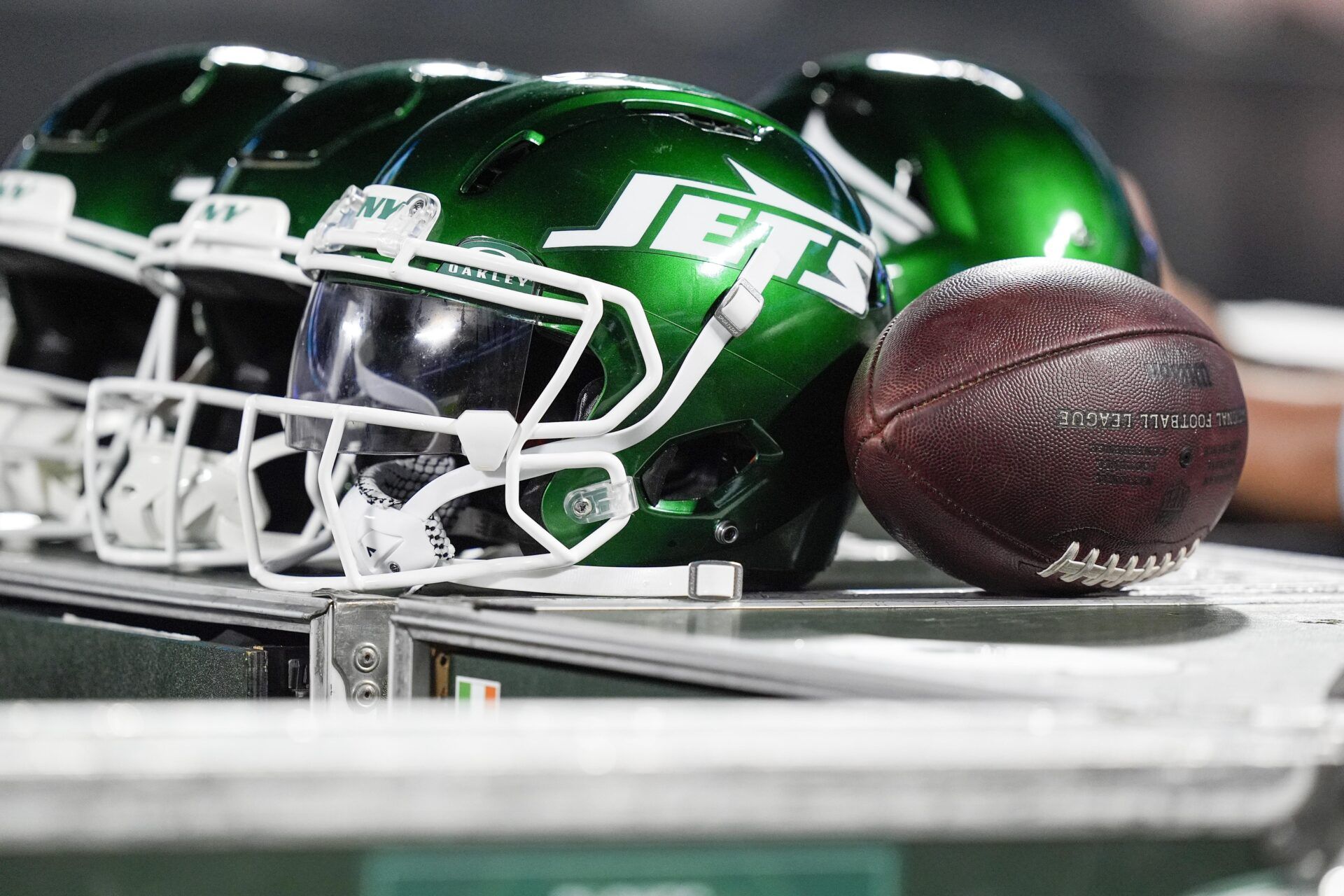 New York Jets helmets during the second half against the Carolina Panthers at Bank of America Stadium.