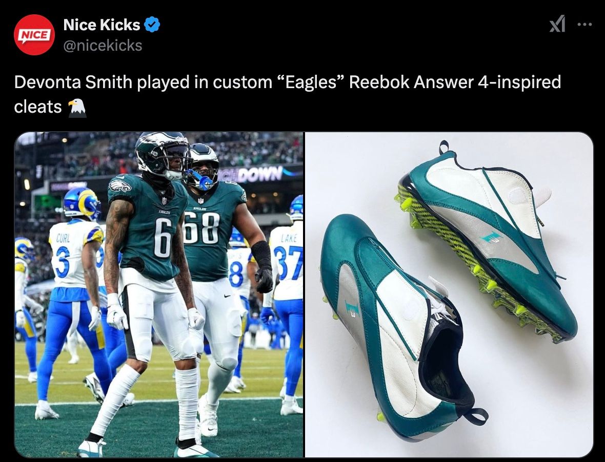 A post on X (formerly Twitter) from Nice Kicks highlighting Philadelphia Eagles WR DeVonta Smith's Allen Iverson-inspired cleats.