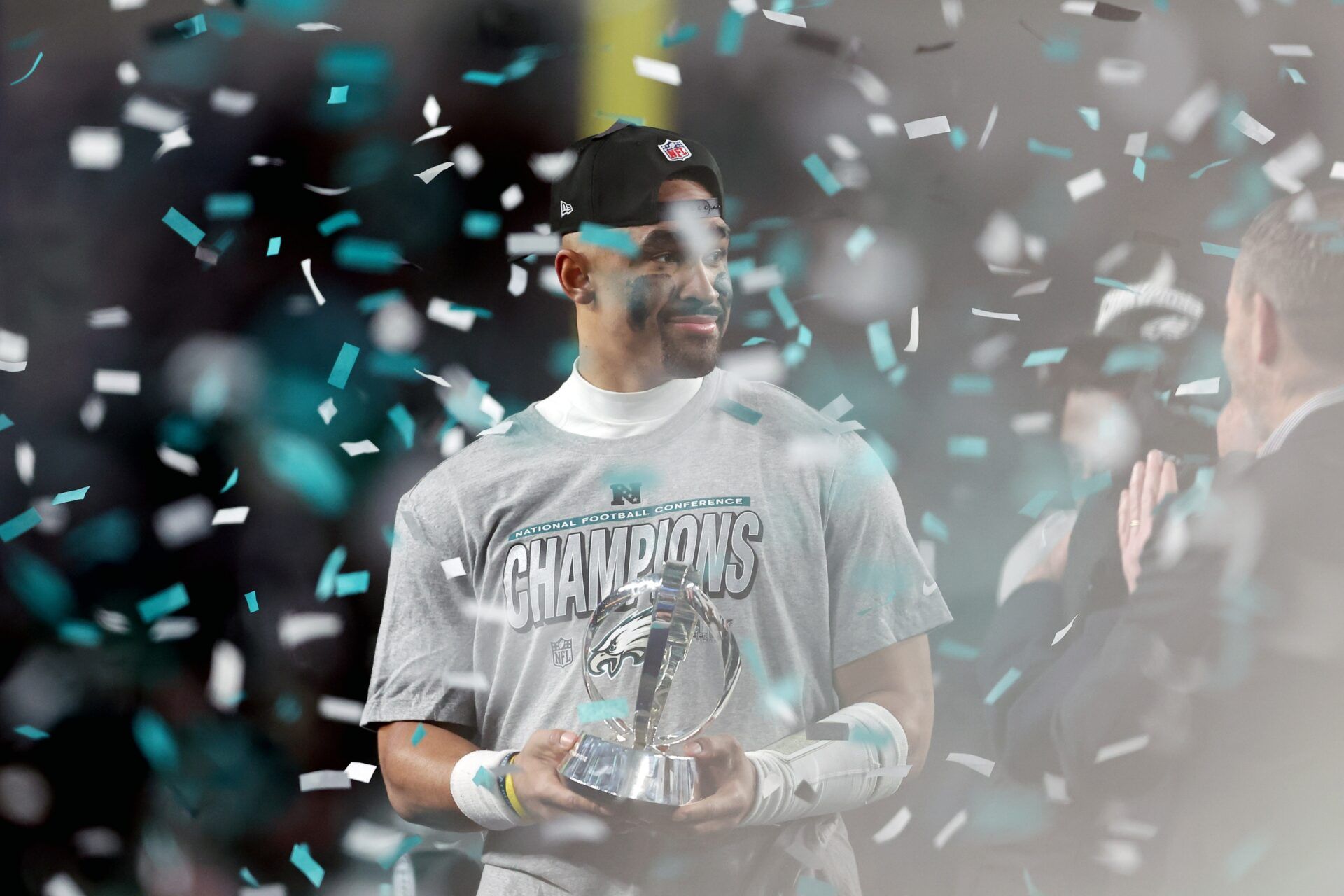 Philadelphia Eagles quarterback Jalen Hurts (1) celebrates after winning the NFC Championship game against the Washington Commanders at Lincoln Financial Field.