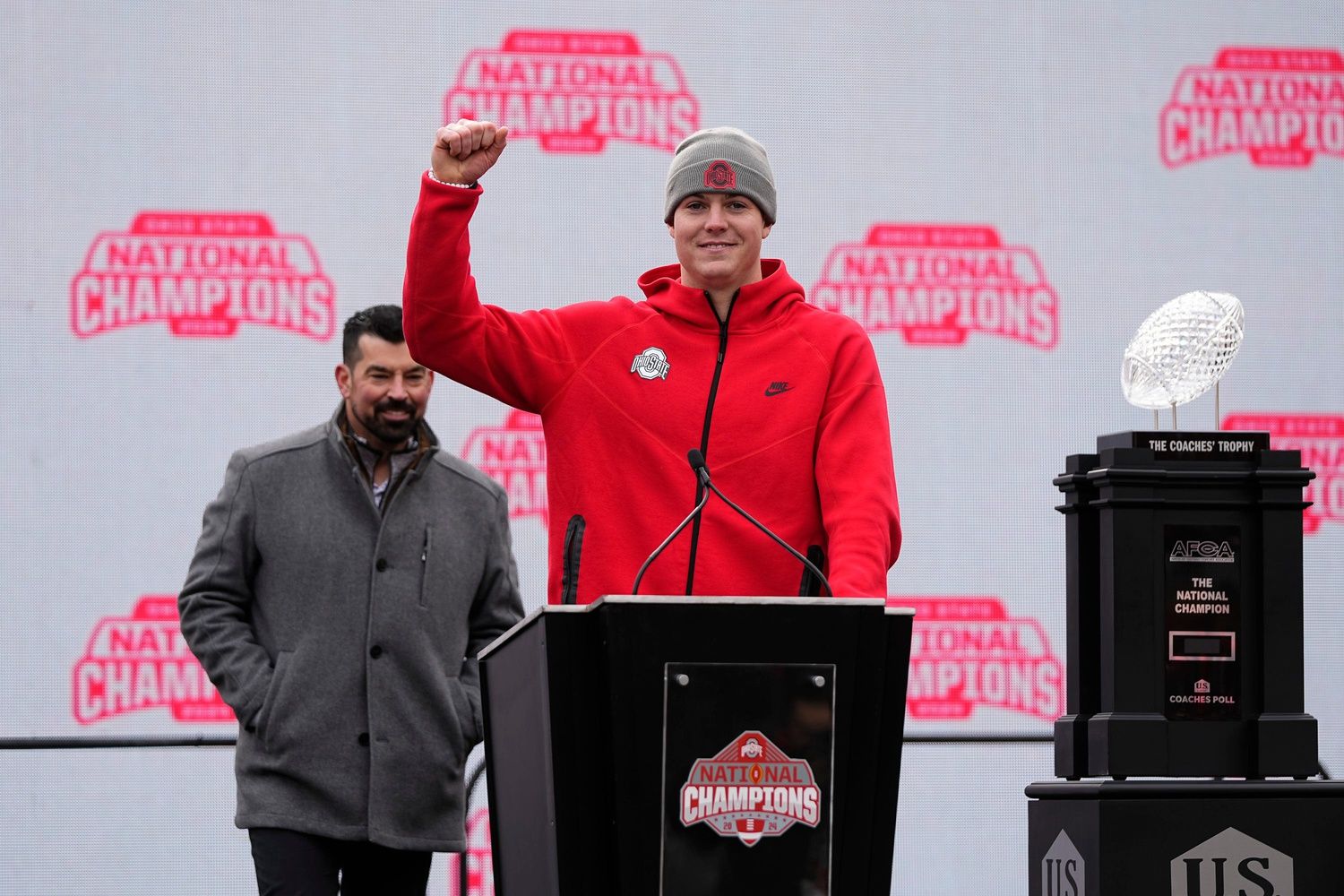 Ohio State Buckeyes quarterback Will Howard speaks during the Ohio State Buckeyes College Football Playoff National Championship celebration at Ohio Stadium in Columbus on Jan. 26, 2025.