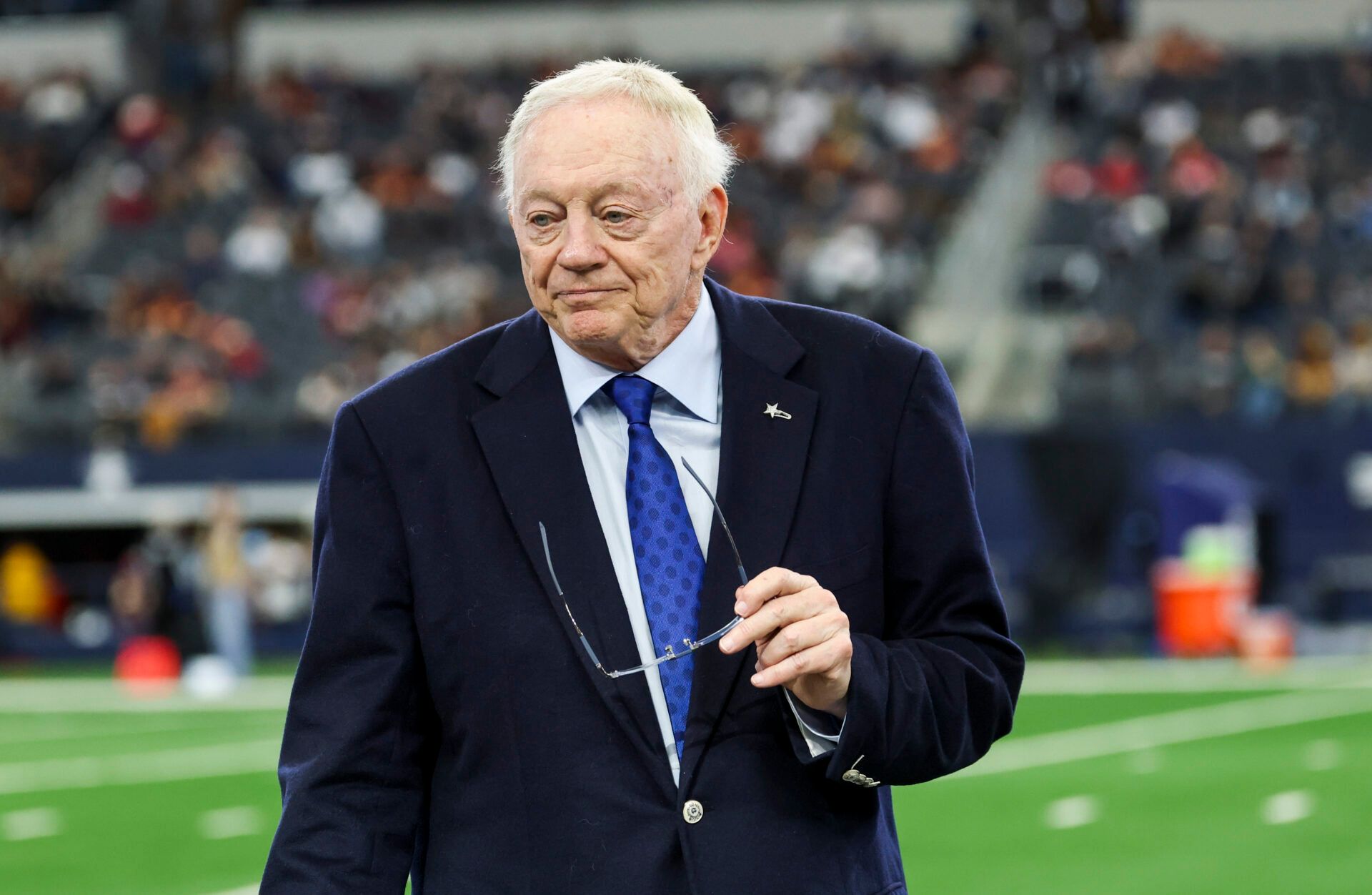 Jan 5, 2025; Arlington, Texas, USA; Dallas Cowboys owner Jerry Jones before the game against the Washington Commanders at AT&T Stadium. Mandatory Credit: Kevin Jairaj-Imagn Images