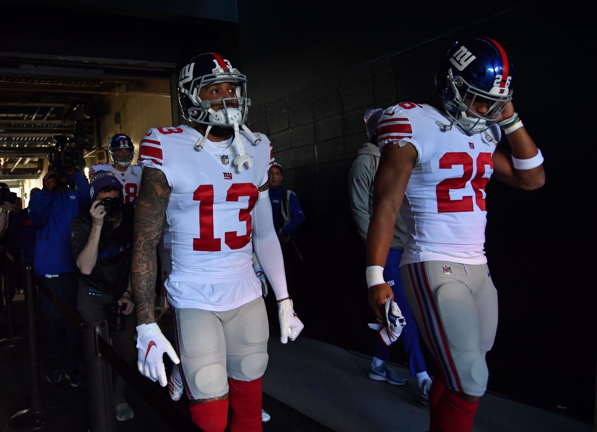 New York Giants wide receiver Odell Beckham (13) and running back Saquon Barkley (26) in the tunnel before game against Philadelphia Eagles at Lincoln Financial Field.