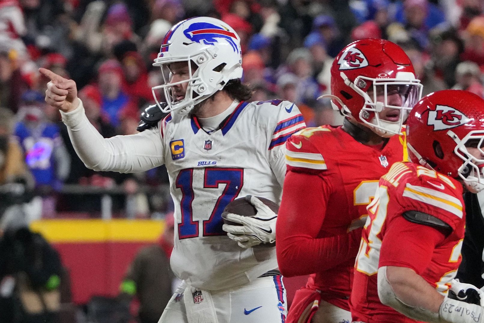 Buffalo Bills quarterback Josh Allen (17) reacts after a first down against the Kansas City Chiefs during the second half in the AFC Championship game at GEHA Field at Arrowhead Stadium.