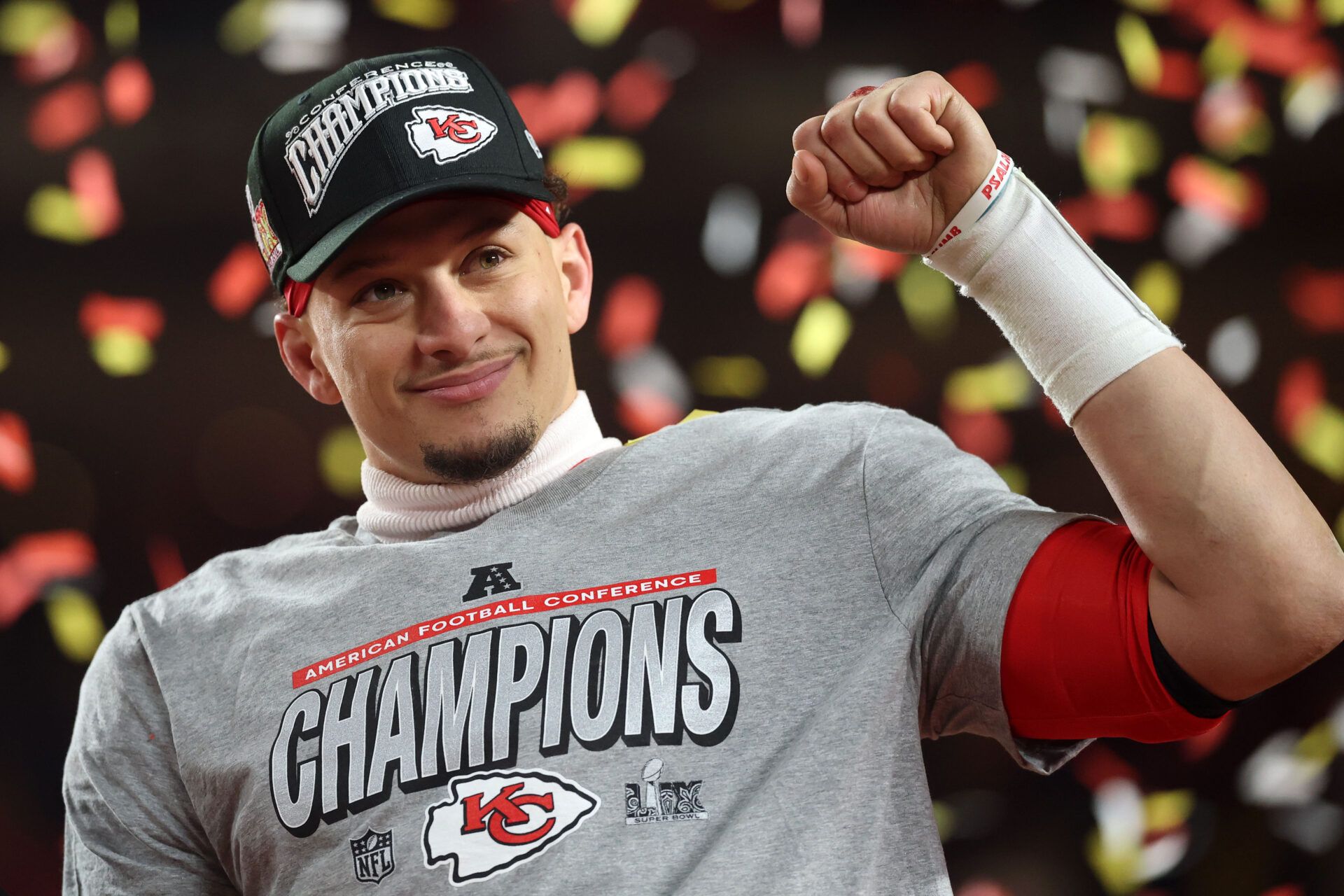 Jan 26, 2025; Kansas City, MO, USA; Kansas City Chiefs quarterback Patrick Mahomes (15) reacts on stage after the AFC Championship game against the Buffalo Bills at GEHA Field at Arrowhead Stadium. Mandatory Credit: Mark J. Rebilas-Imagn Images