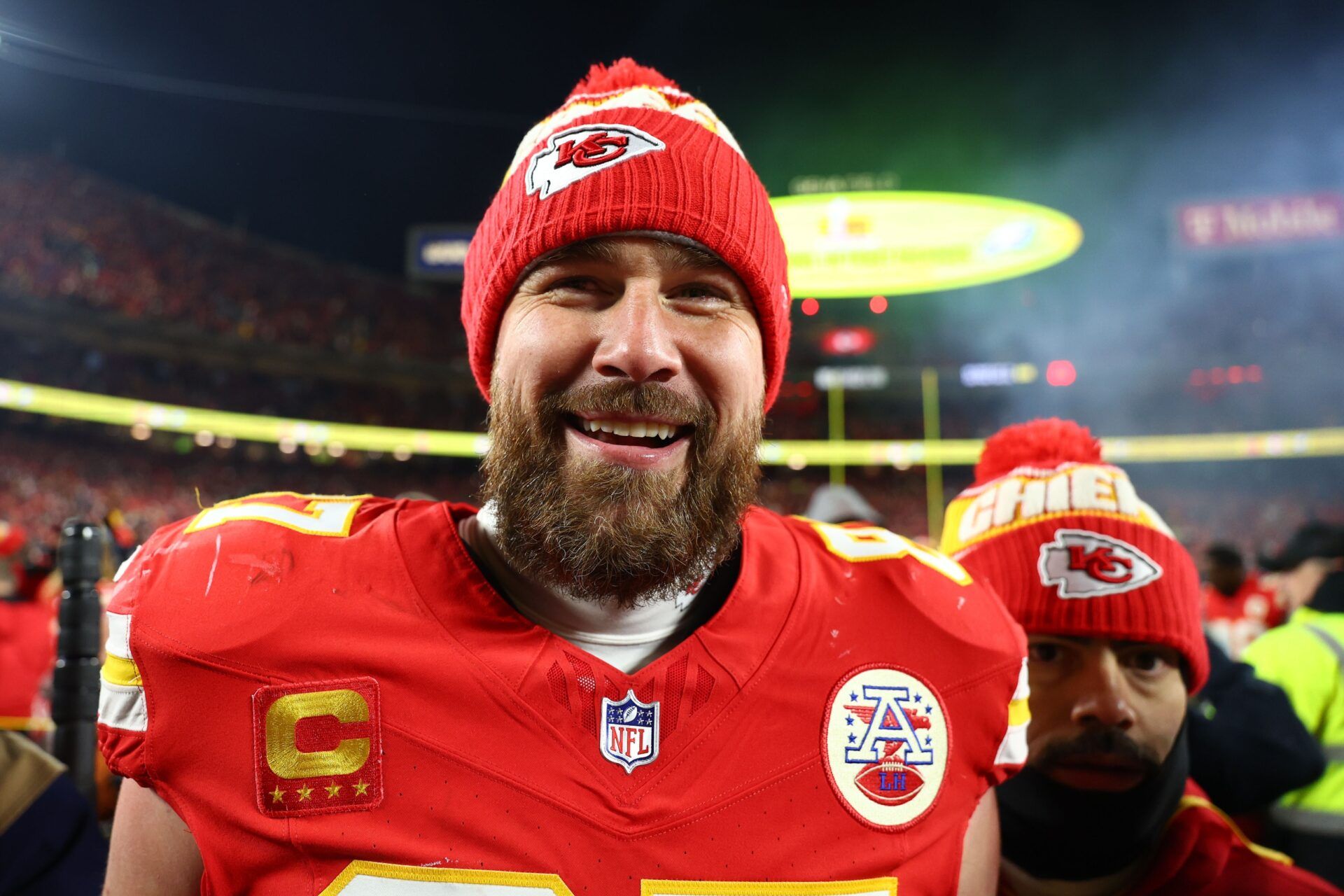 Kansas City Chiefs tight end Travis Kelce (87) reacts after the AFC Championship game against the Buffalo Bills at GEHA Field at Arrowhead Stadium.