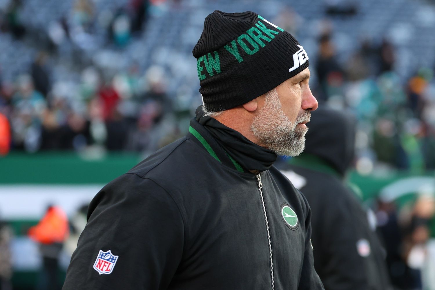 New York Jets interim head coach Jeff Ulbrich during pregame warmups for their game against the Miami Dolphins at MetLife Stadium.