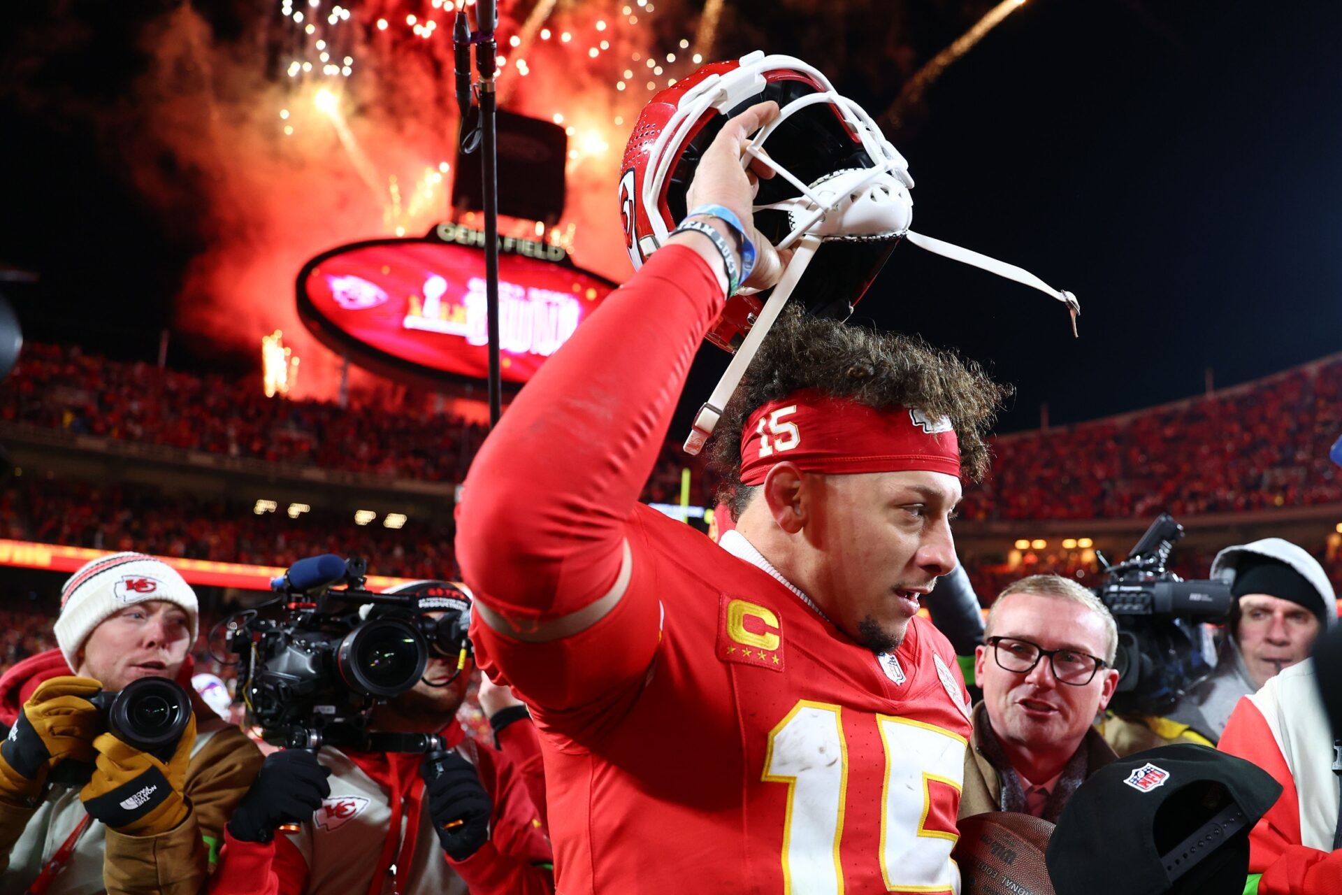 Kansas City Chiefs quarterback Patrick Mahomes (15) reacts after the AFC Championship game against the Buffalo Bills at GEHA Field at Arrowhead Stadium.