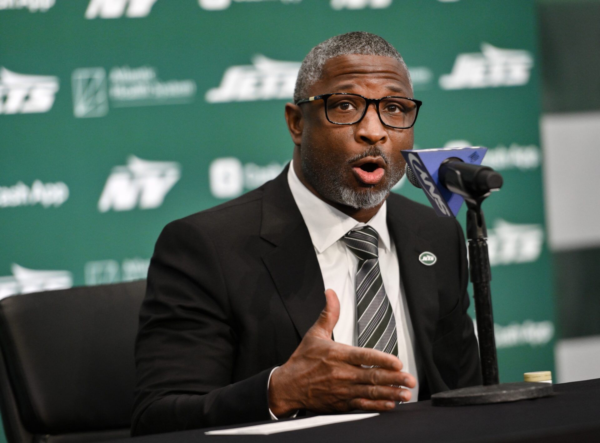 New York Jets head coach Aaron Glenn answers questions during his introductory press conference at Atlantic Health Jets Training Center.