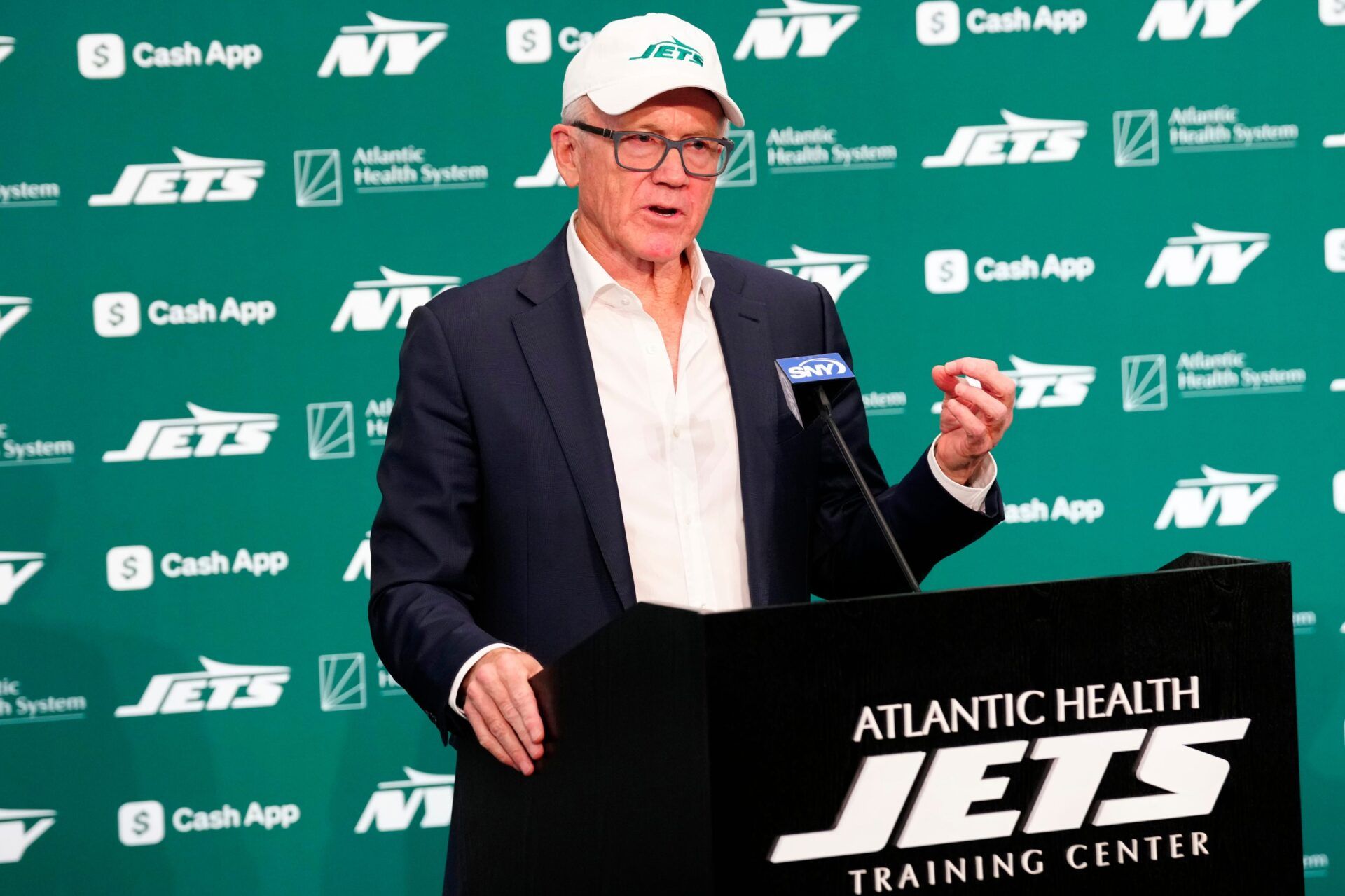 Woody Johnson, primary owner of the New York Jets, is shown during a press conference, at the Atlantic Health Jets Training Center, Monday, January 27, 2025, in Florham Park.