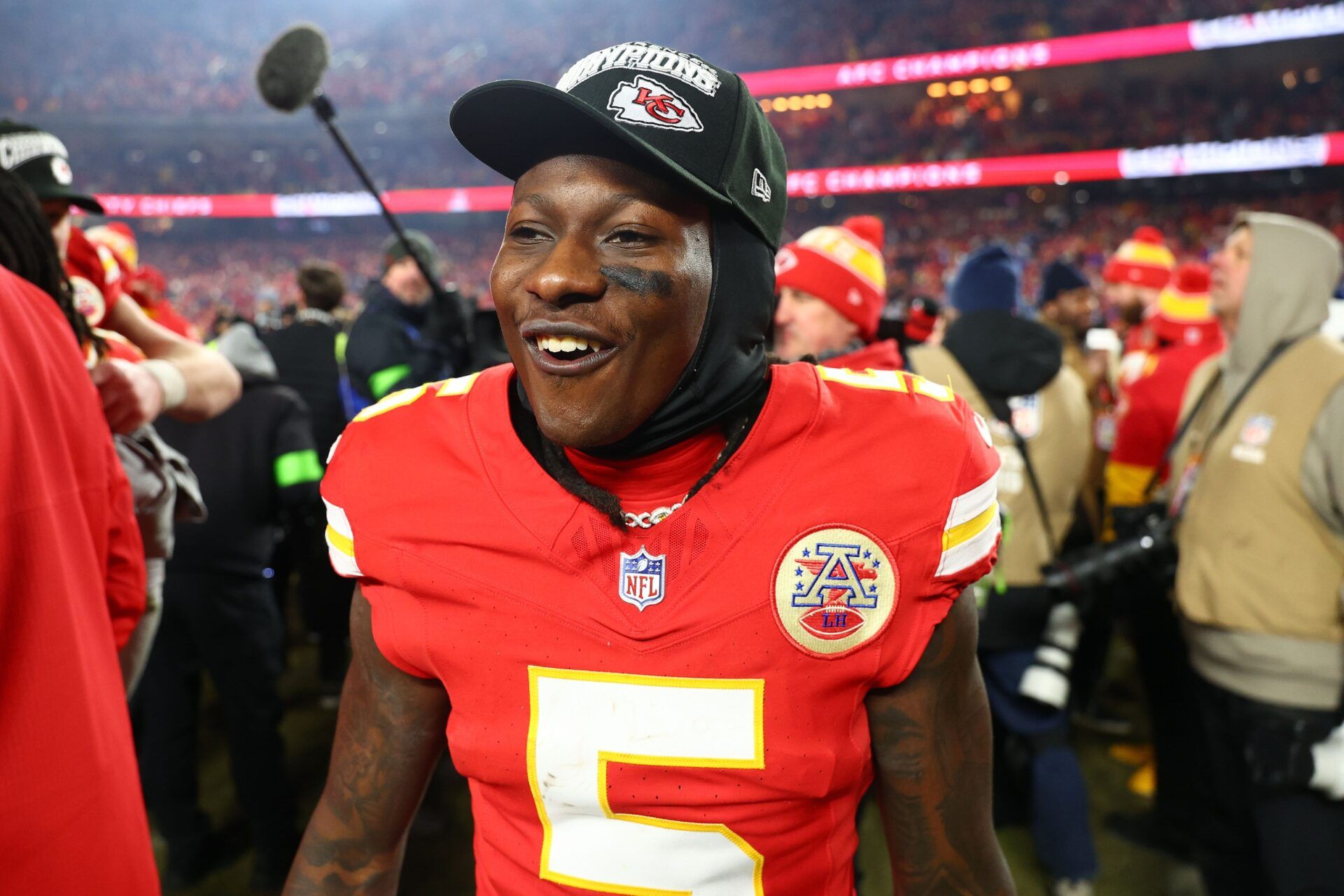 Kansas City Chiefs wide receiver Hollywood Brown (5) reacts after the AFC Championship game against the Buffalo Bills at GEHA Field at Arrowhead Stadium.