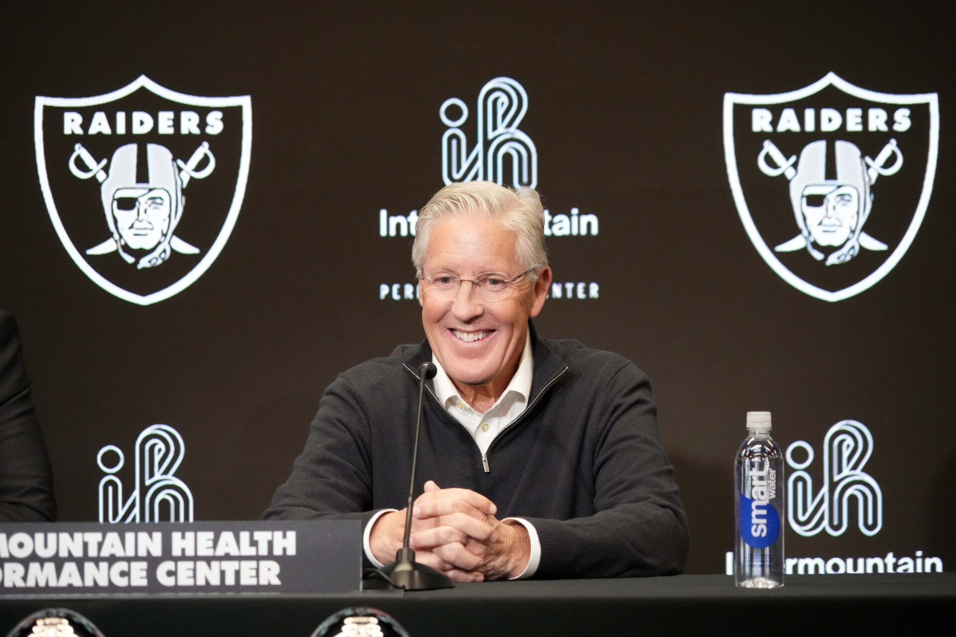 Las Vegas Raiders coach Pete Carroll at press conference at Intermountain Health Performance Center.