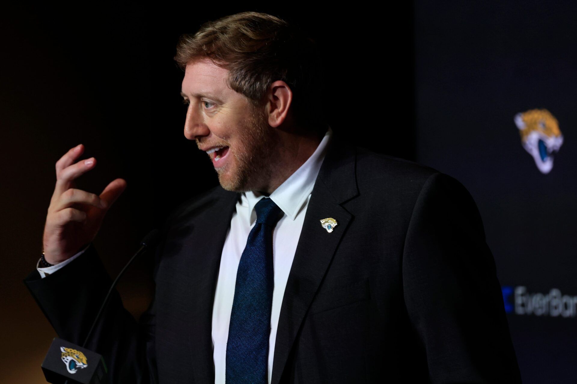 New Jacksonville Jaguars head coach Liam Coen speaks after being introduced during a press conference Monday, Jan. 27, 2025 at the Miller Electric Center in Jacksonville, Fla.