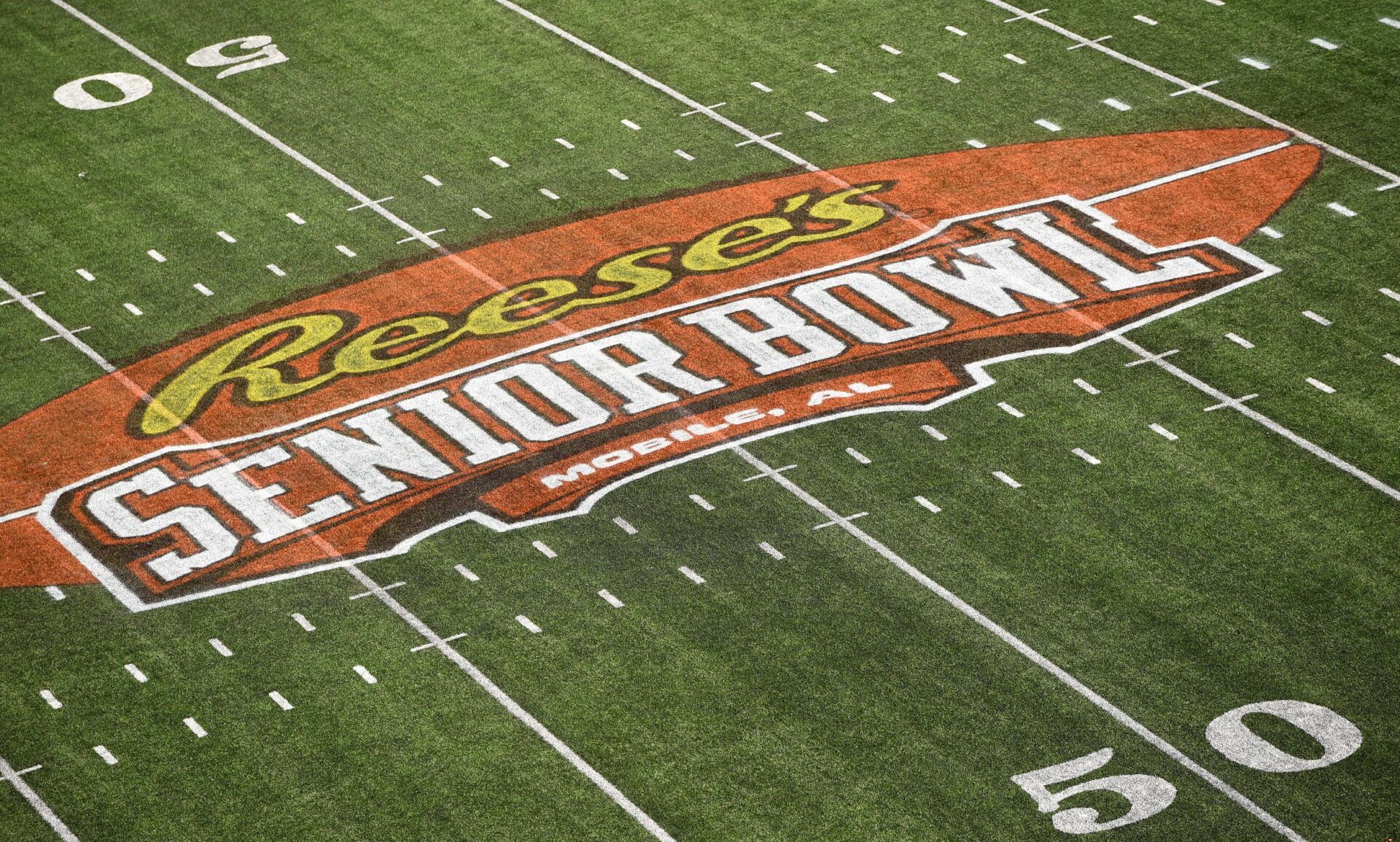 General view of the center of the field Reese's Senior Bowl logo before the Senior Bowl at Ladd-Peebles Stadium.