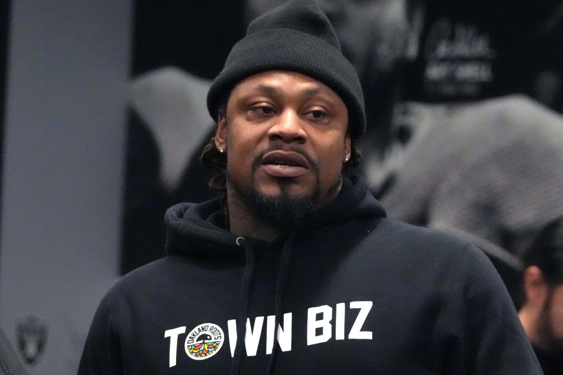 Marshawn Lynch at a press conference at Intermountain Health Performance Center.