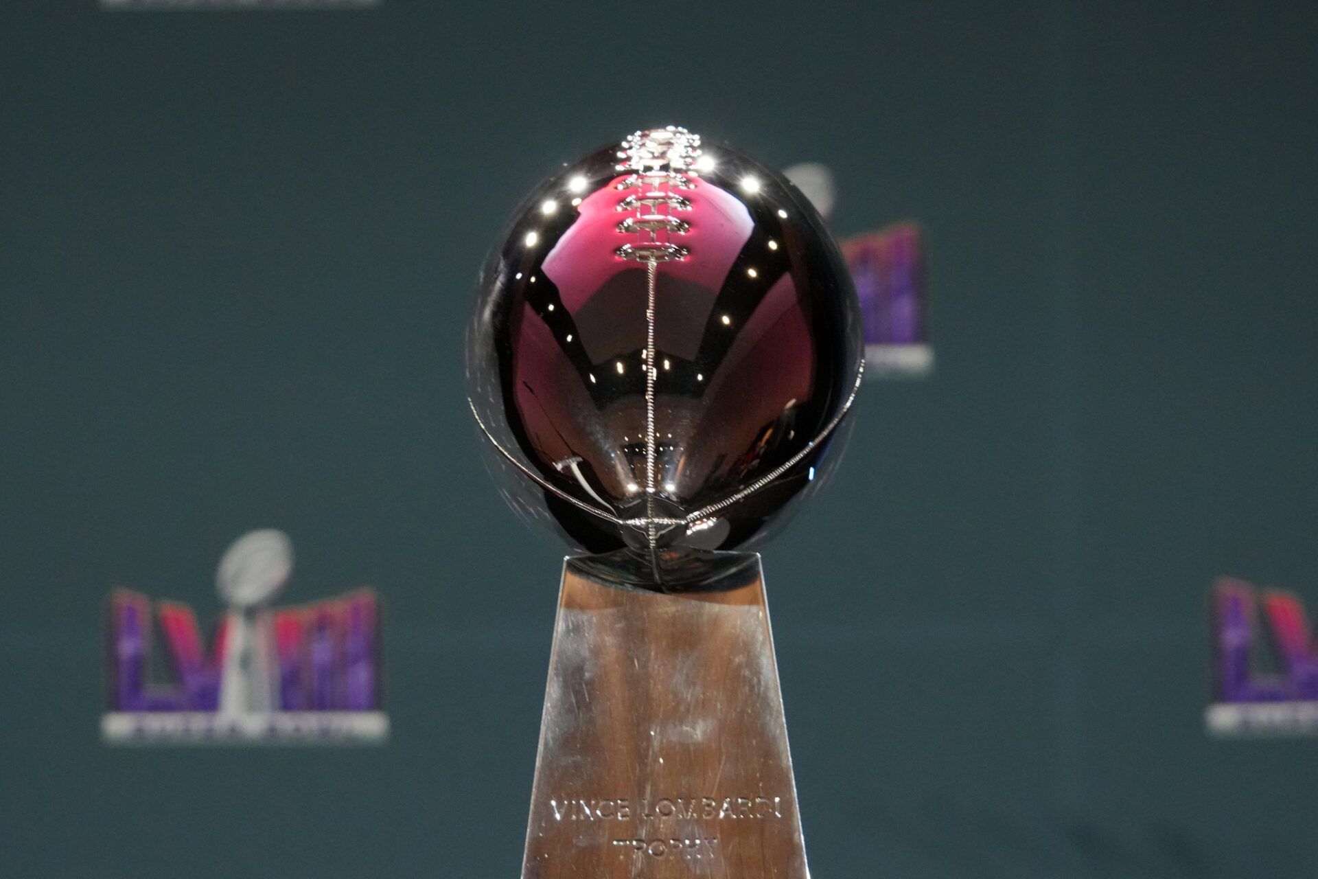 The Vince Lombardi trophy at the Super Bowl LVIII Winning Head Coach and Most Valuable Player Press Conference at the Super Bowl 58 media center at the Mandalay Bay North Convention Center.