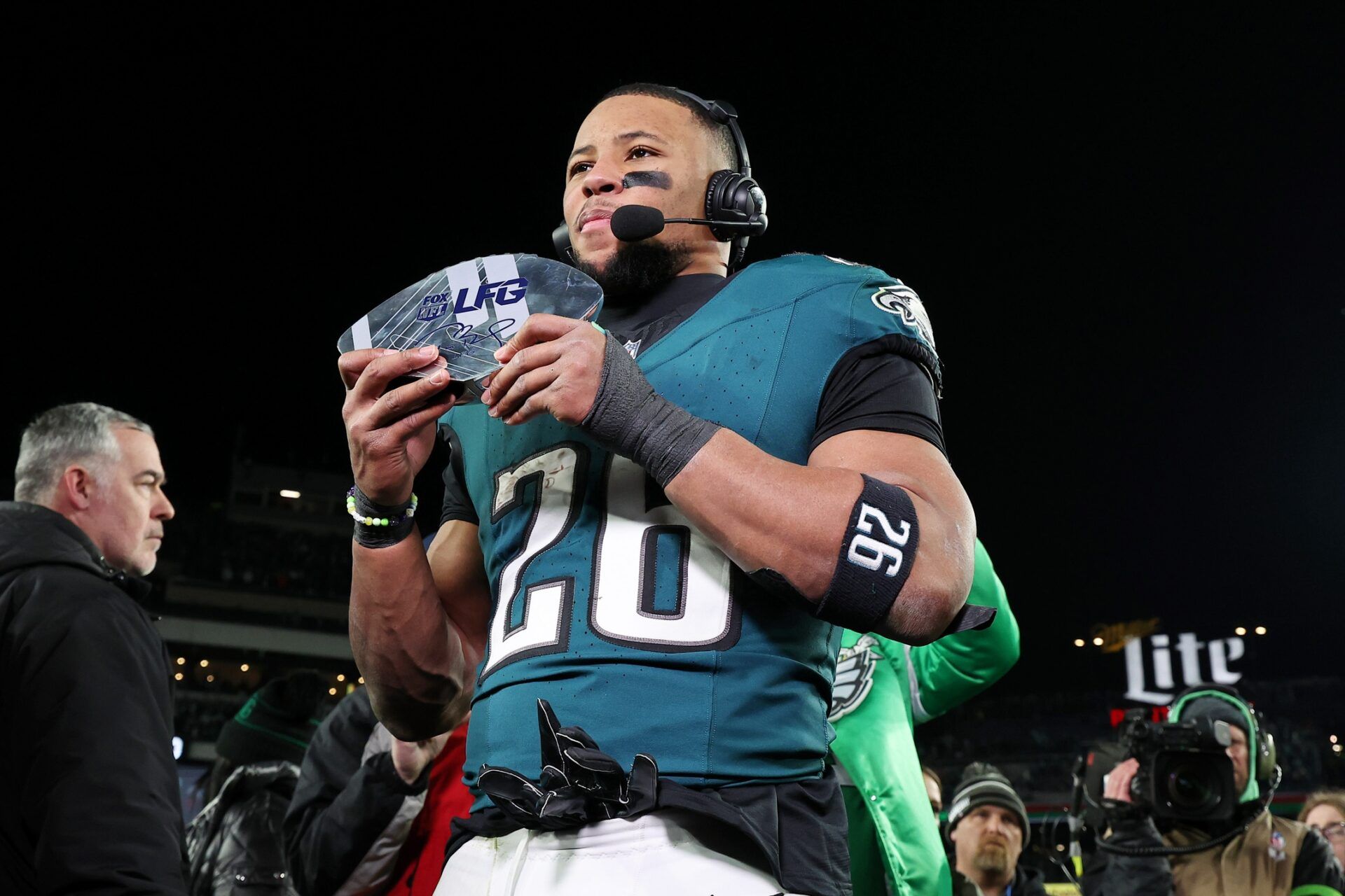 Philadelphia Eagles running back Saquon Barkley (26) celebrates after winning the NFC Championship game against the Washington Commanders at Lincoln Financial Field.