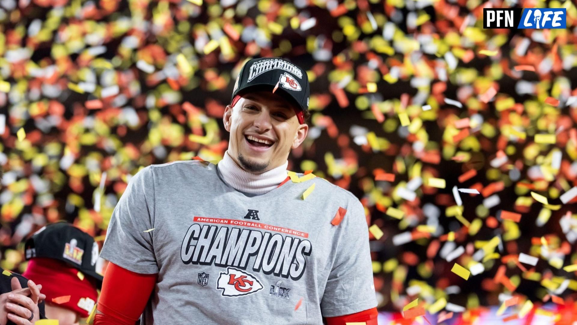 Confetti falls as Kansas City Chiefs quarterback Patrick Mahomes celebrates after defeating the Buffalo Bills during the AFC Championship game at GEHA Field at Arrowhead Stadium.