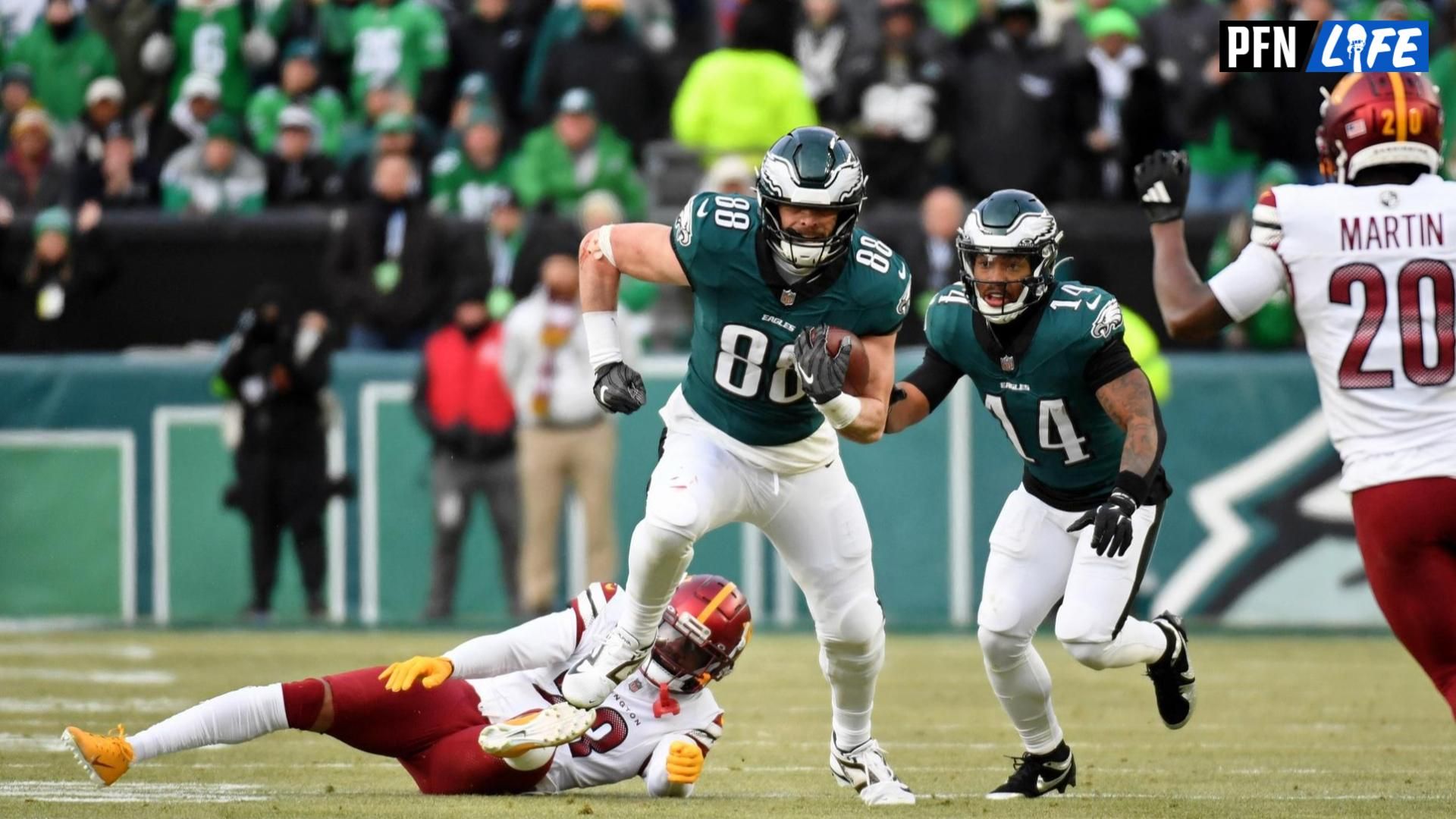 Philadelphia Eagles tight end Dallas Goedert (88) runs with the ball against the Washington Commanders during the first half in the NFC Championship game at Lincoln Financial Field.