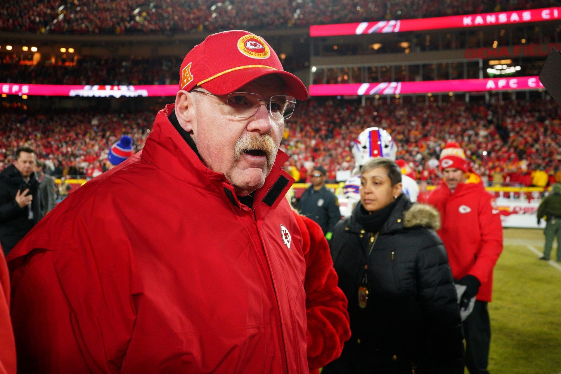 Kansas City Chiefs head coach Andy Reid reacts after the AFC Championship game against the Buffalo Bills at GEHA Field at Arrowhead Stadium.