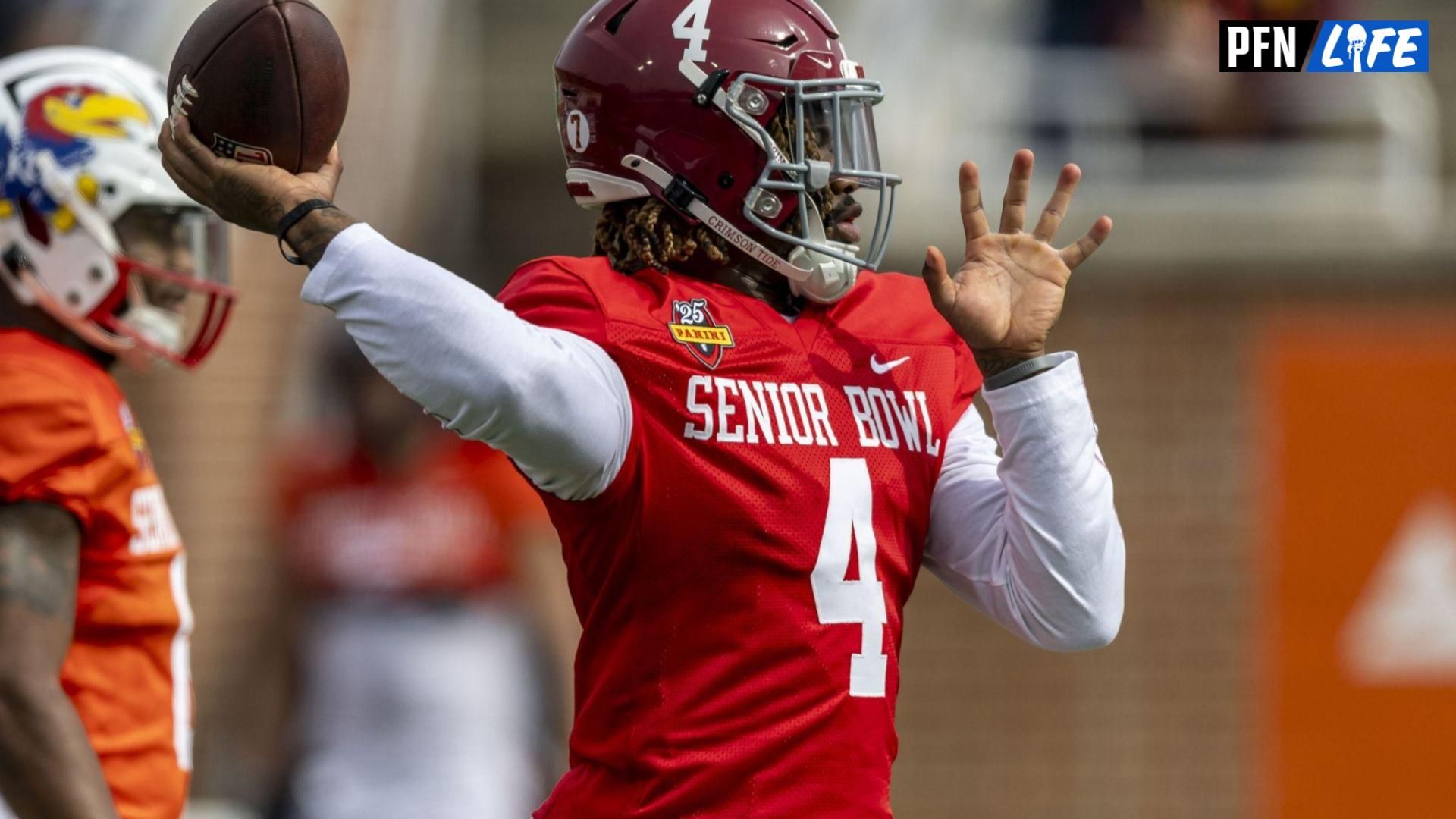 American team quarterback Jalen Milroe of Alabama (4) throws the ball during Senior Bowl practice for the American team at Hancock Whitney Stadium.