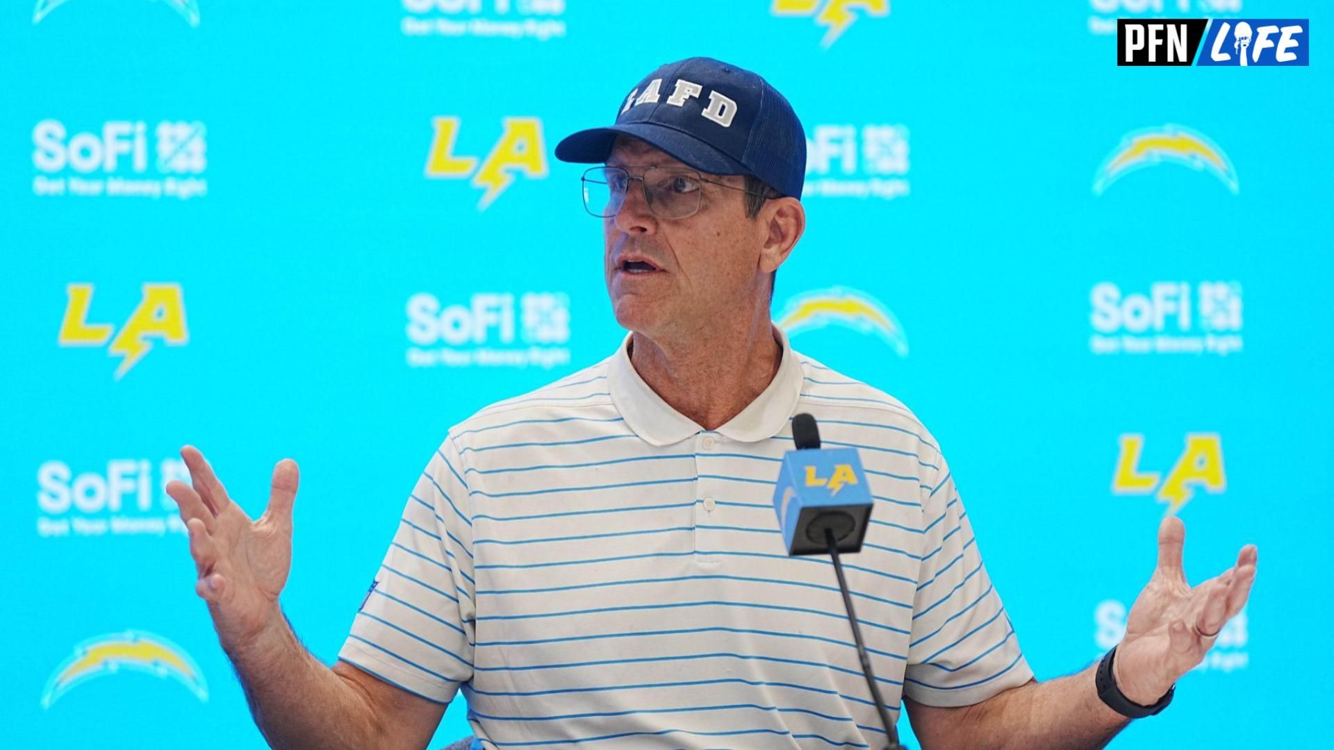 Los Angeles Chargers coach Jim Harbaugh at a press conference at The Bolt.