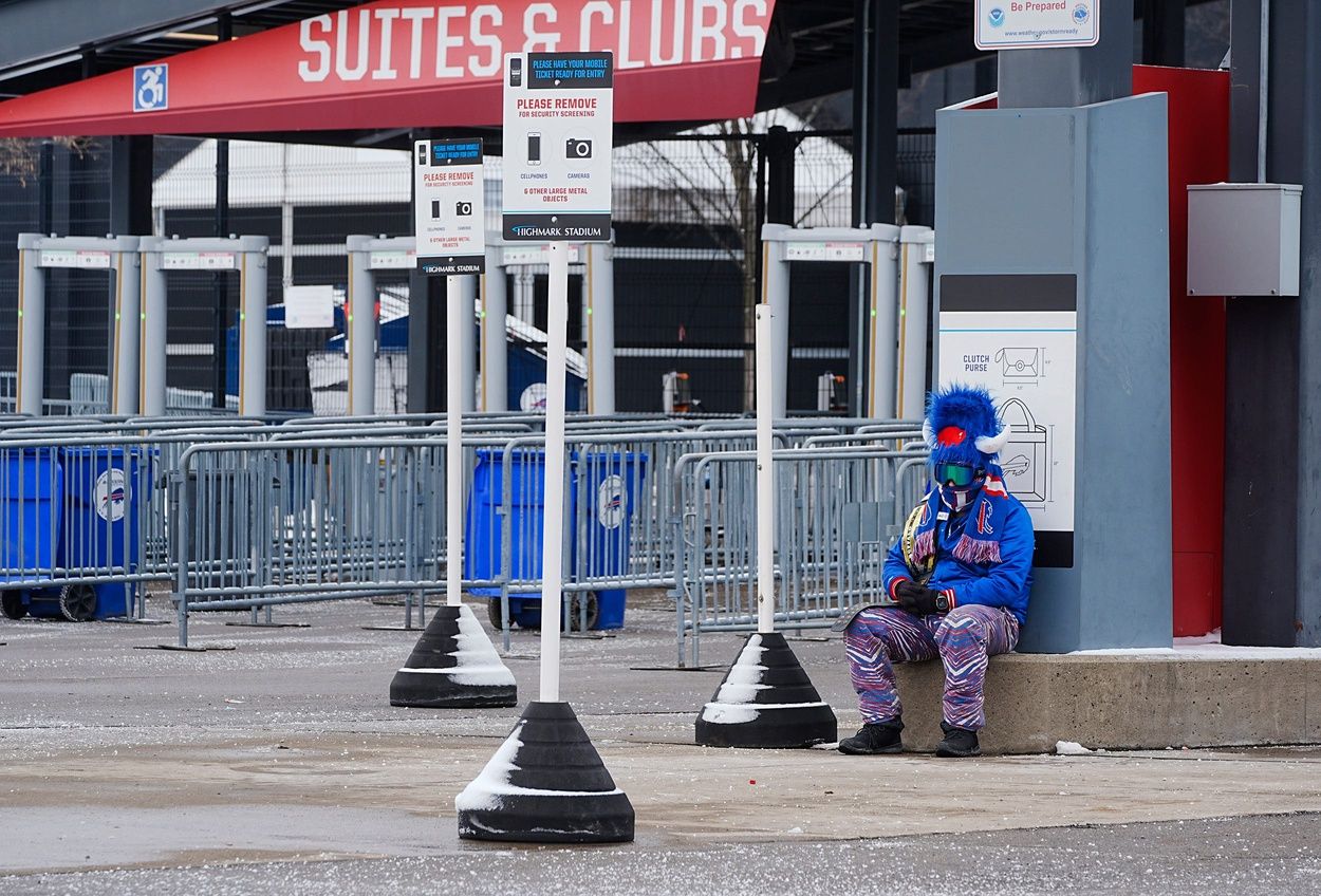 Dominik Rettberg of Salamanca sits outside the gates waiting patiently before they open. The Buffalo Bills are hosting the Baltimore Ravens in their divisional game at Highmark Stadium in Orchard Park on Jan. 19, 2025.