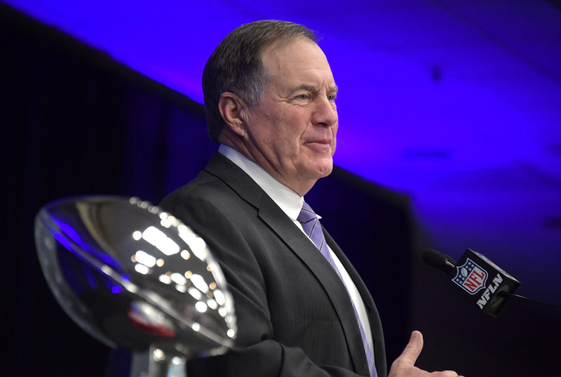 New England Patriots coach Bill Belichick speaks flanked by the Vince Lombardi trophy during Super Bowl LIII winning team press conference at Georgia World Congress Center. The Patriots defeated the Los Angeles Rams 13-3 to win an NFL record-tying sixth championship.